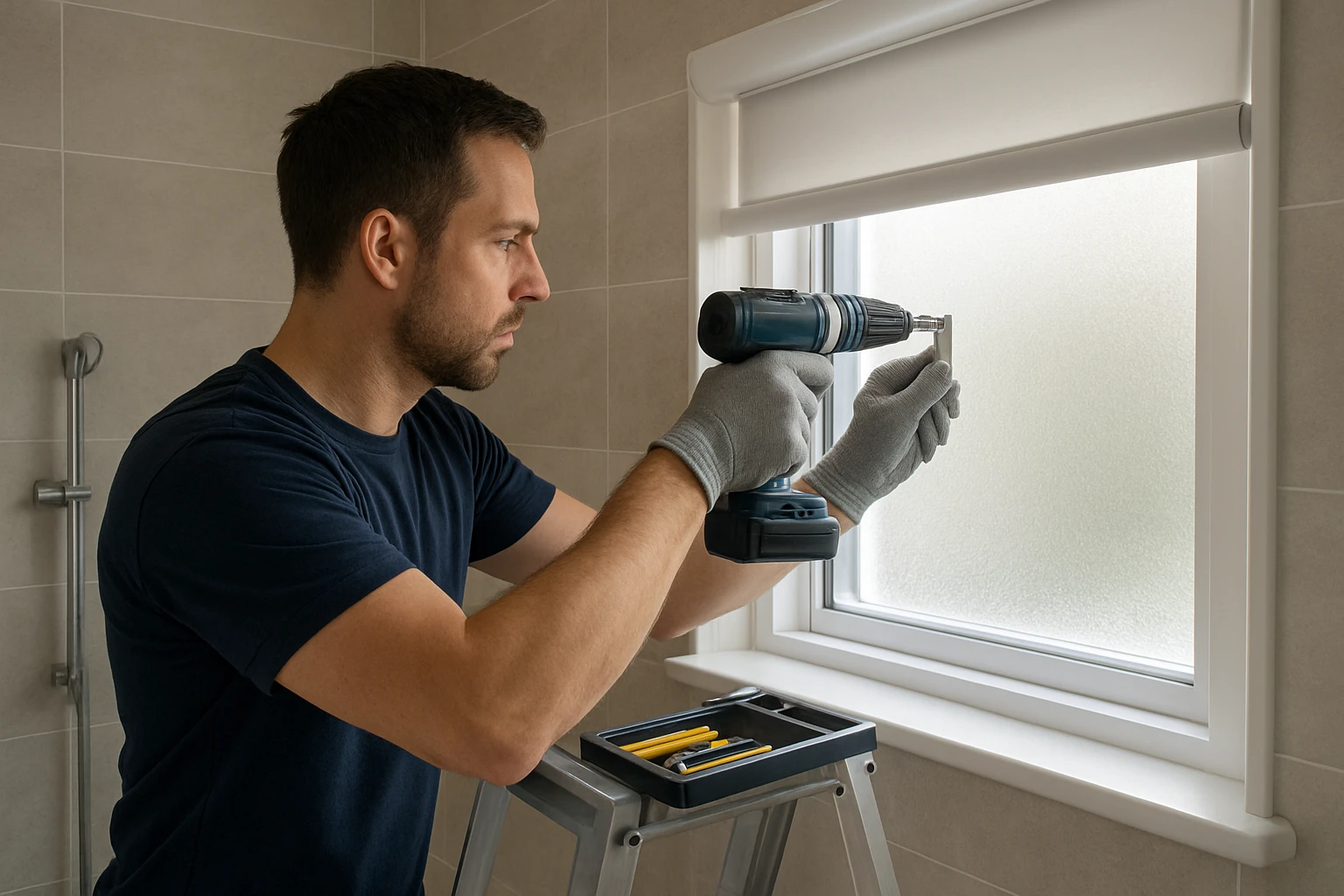 Waterproof roller blind being installed inside bathroom