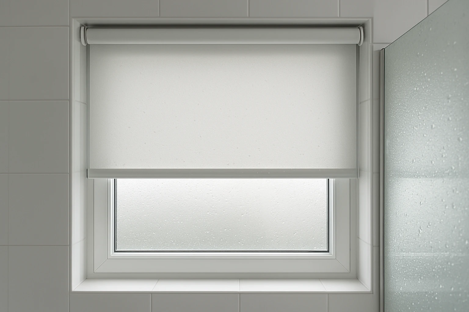 White waterproof roller blind in bathroom