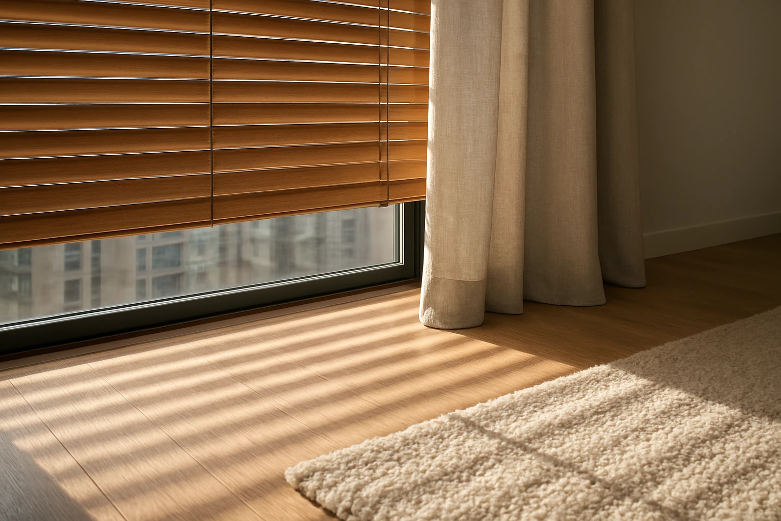 Wooden blind and floor length curtain