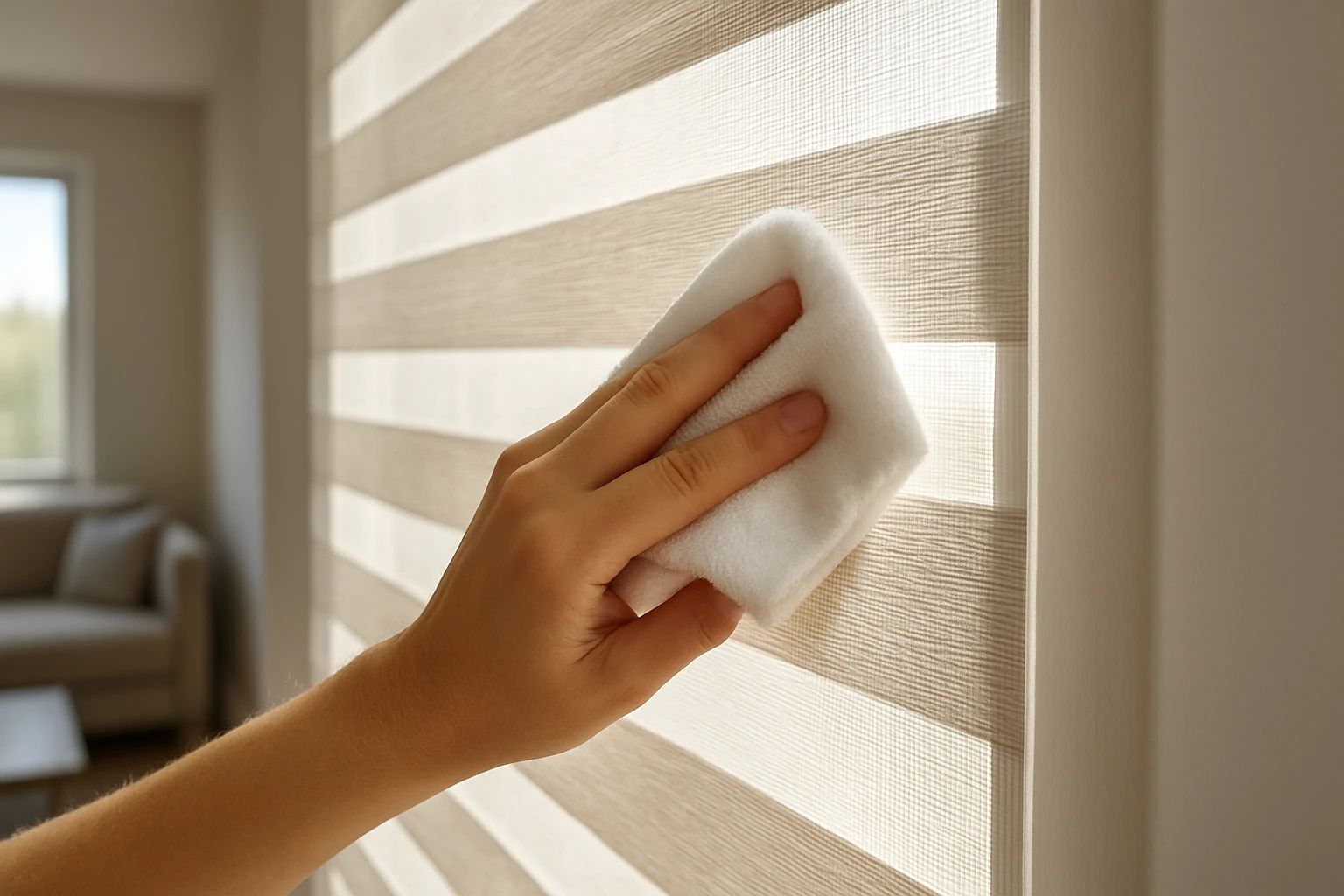 Zebra (day-night) blinds with alternating sheer and opaque horizontal stripes being gently spot-cleaned with a microfiber clo