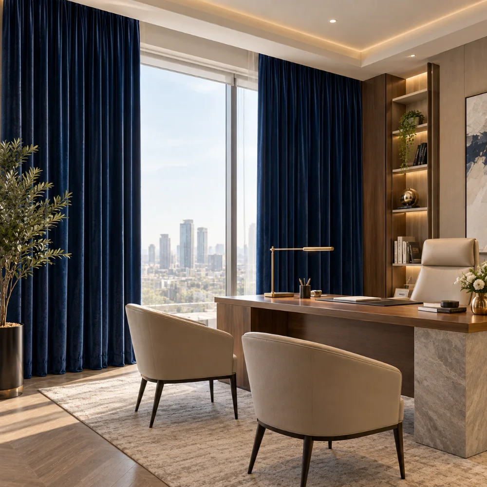 Royal Blue Velvet Drapes Installation At Dubai Hills Estate Office