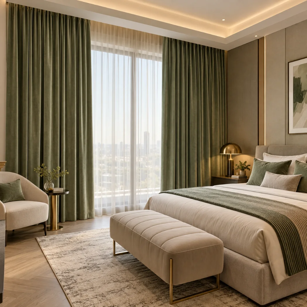 Sage Velvet Curtain Installation At Al Barari Villa