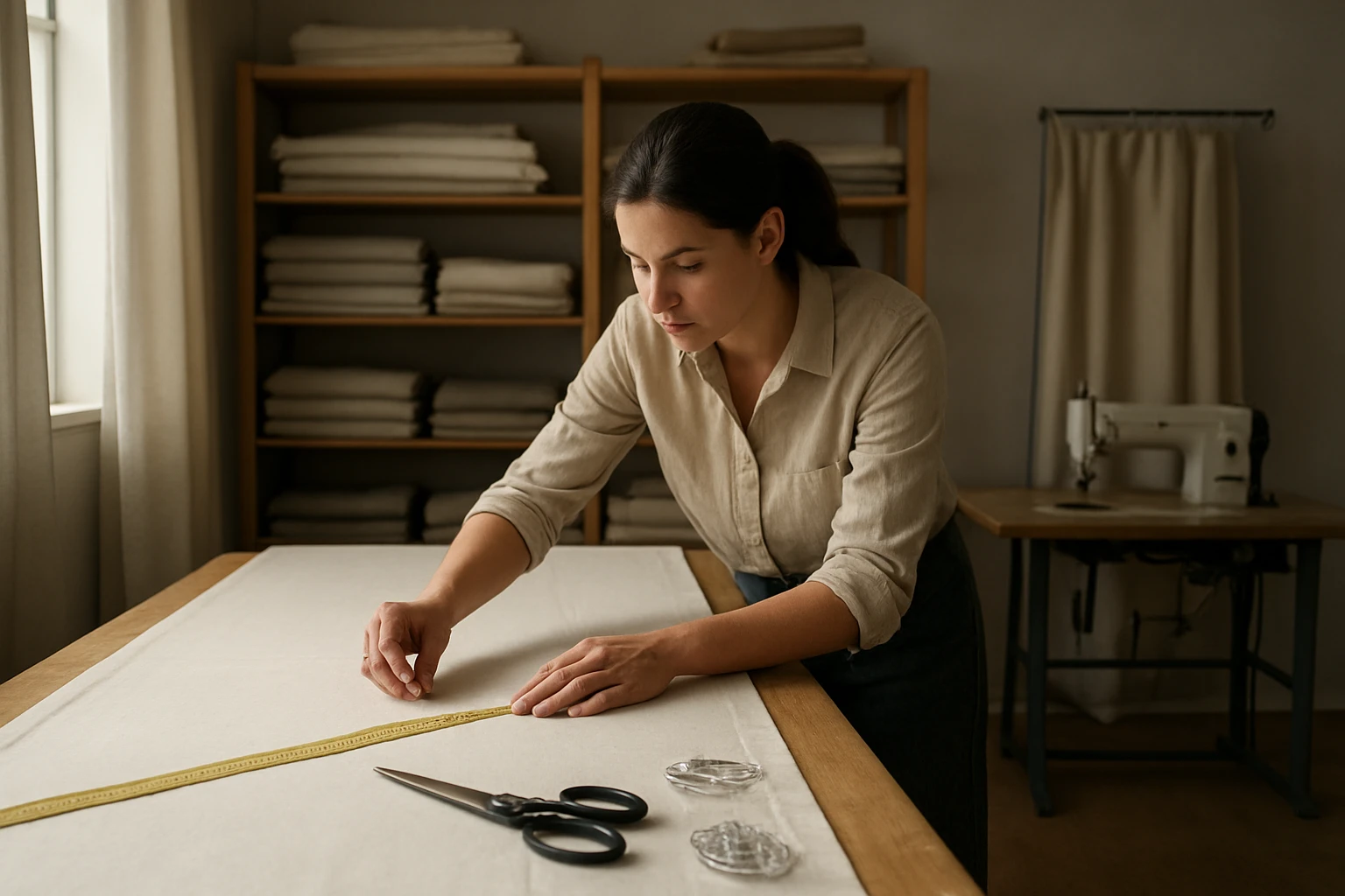 Affordable curtains being hemmed in workshop
