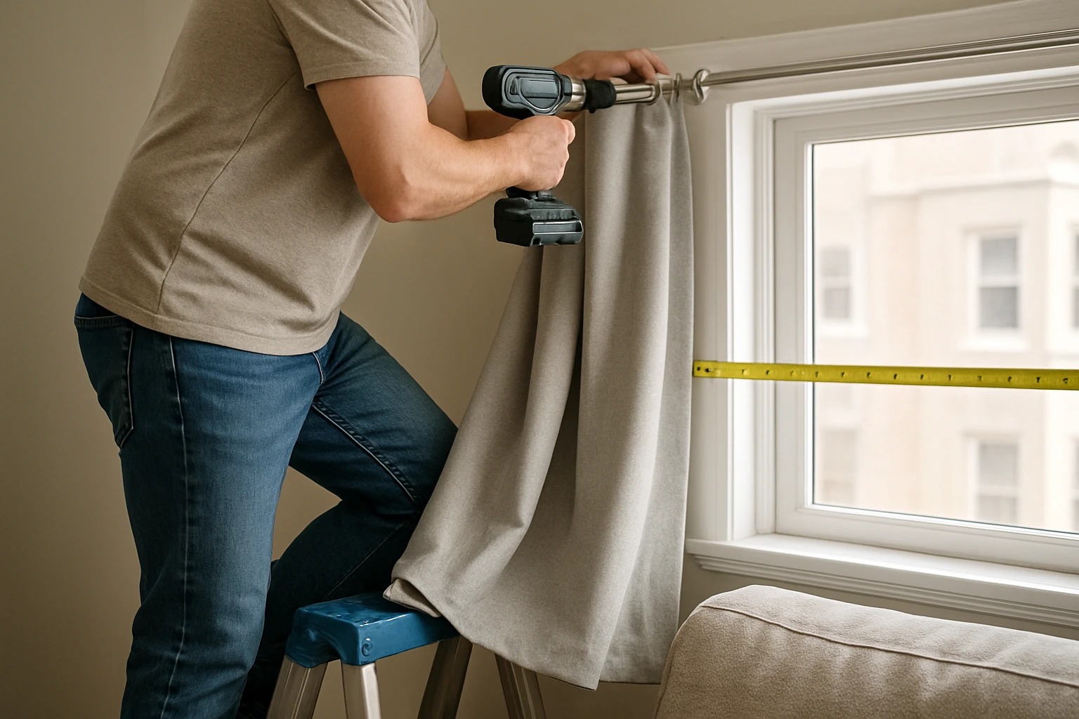 Affordable curtains being installed