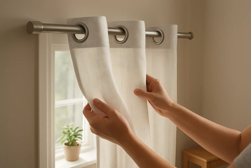 Affordable curtains being installed