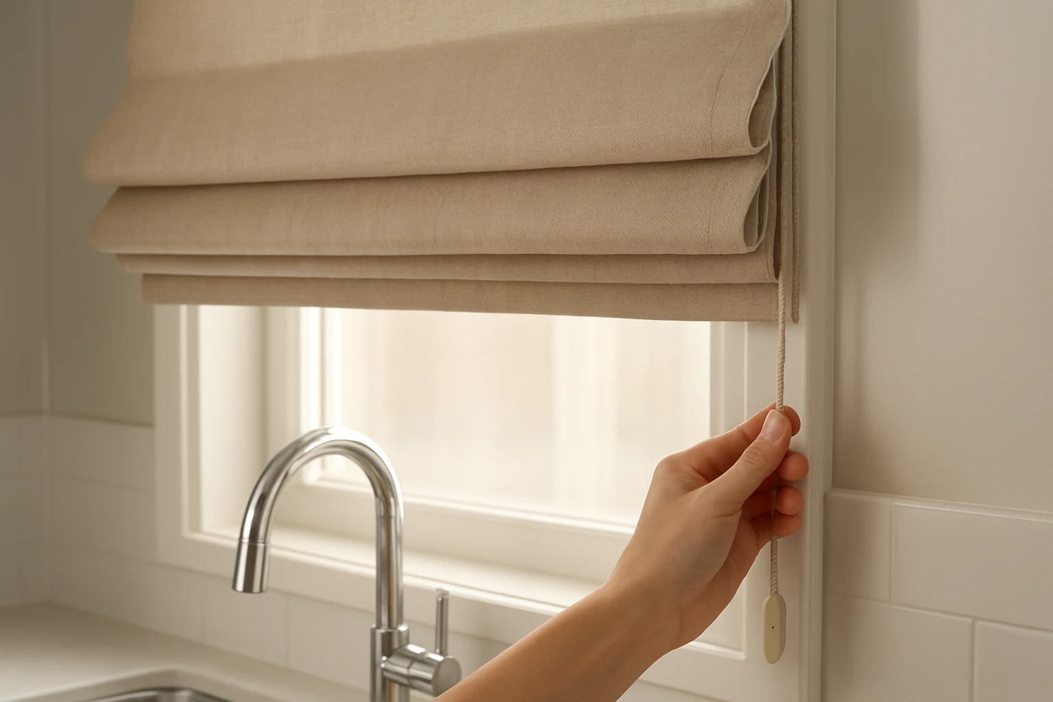 Beige Roman curtain above kitchen sink