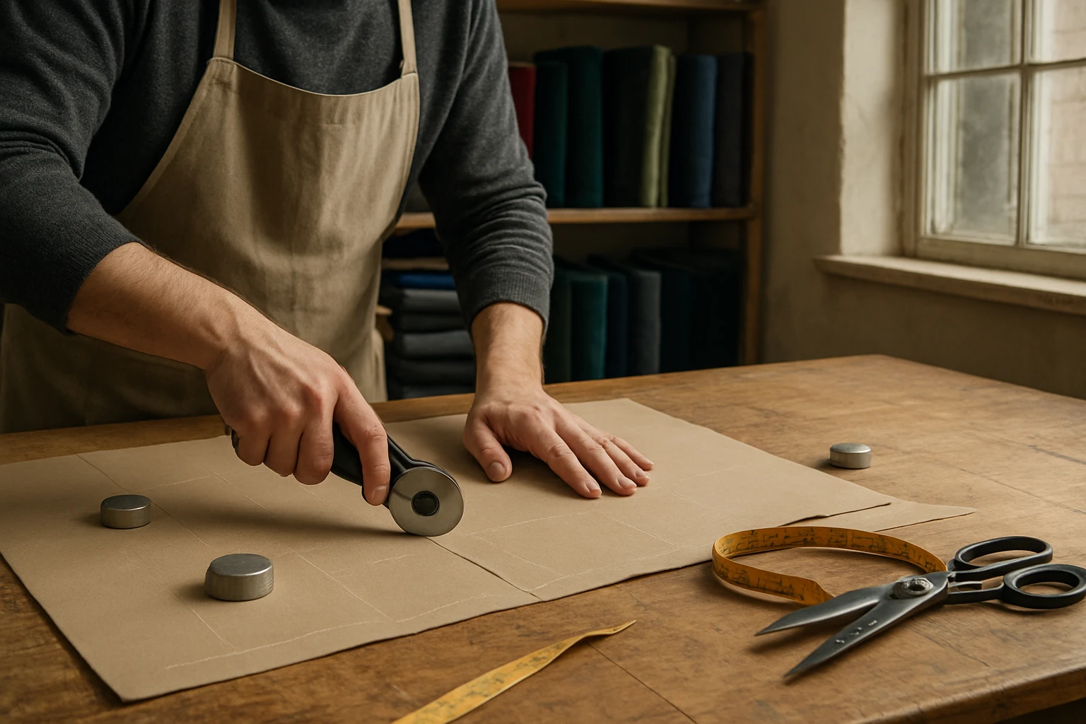 Bespoke curtain maker cutting fabric