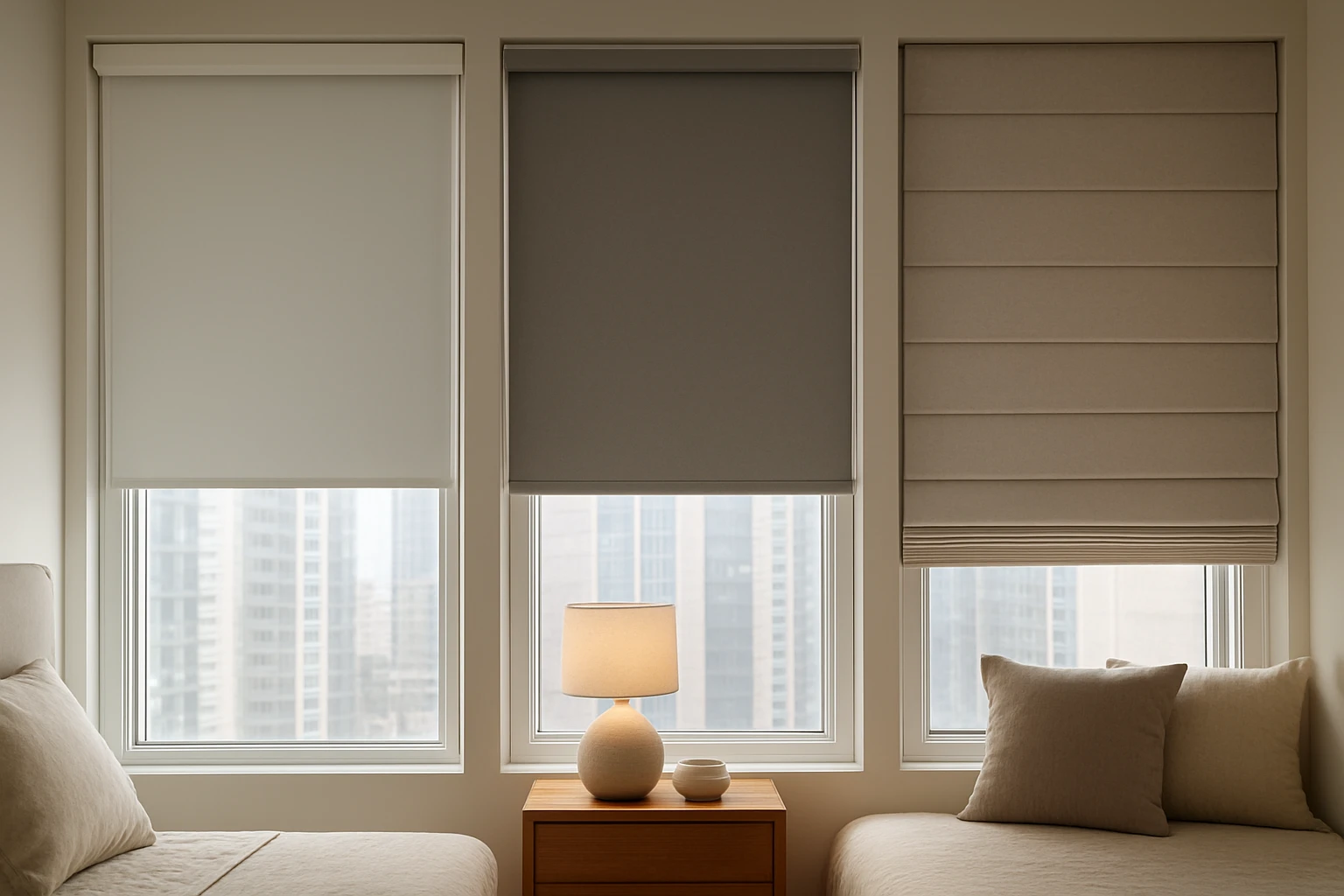 Blackout blinds three styles in bedrooms