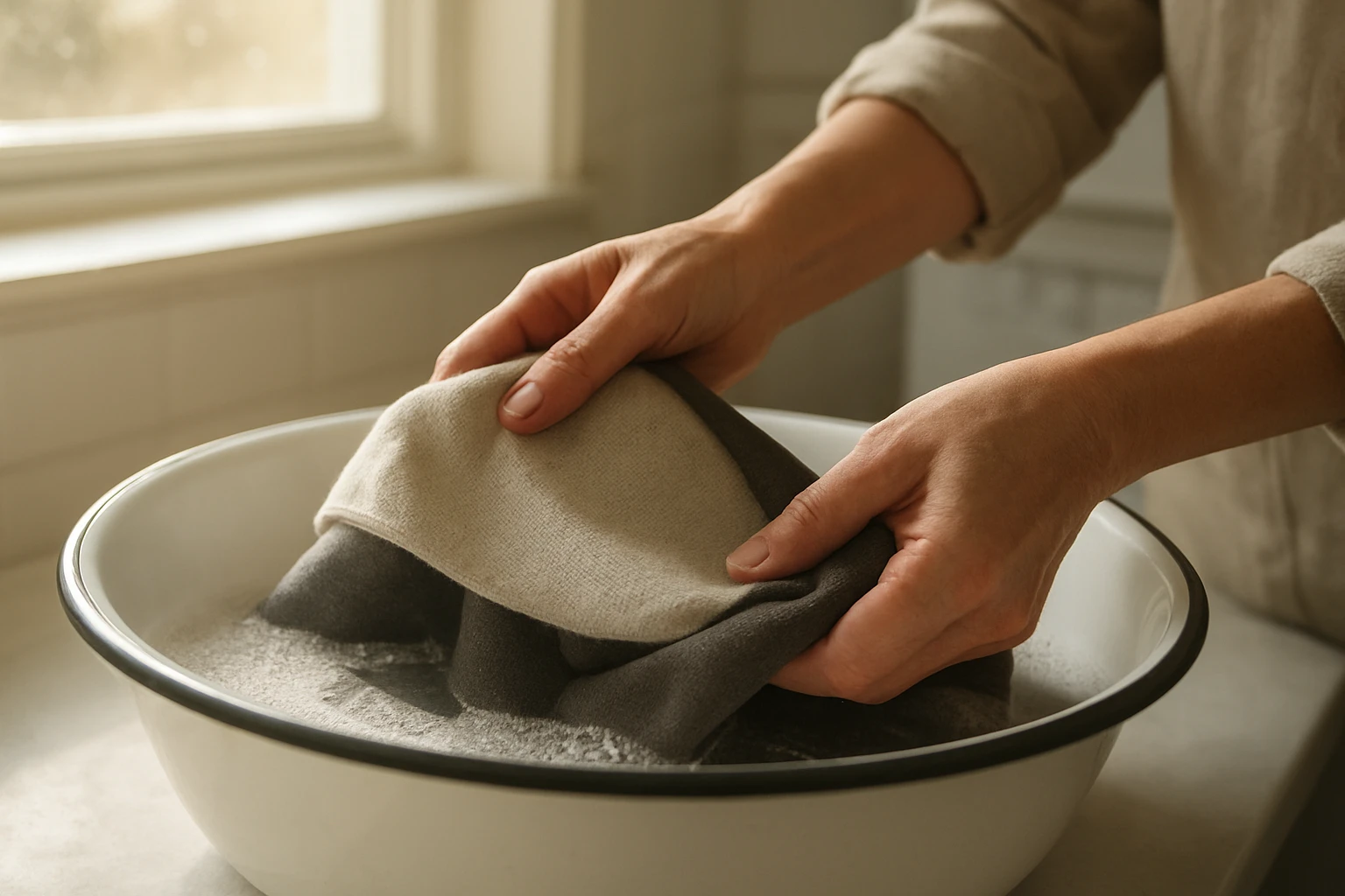 Blackout curtain hand washing in basin