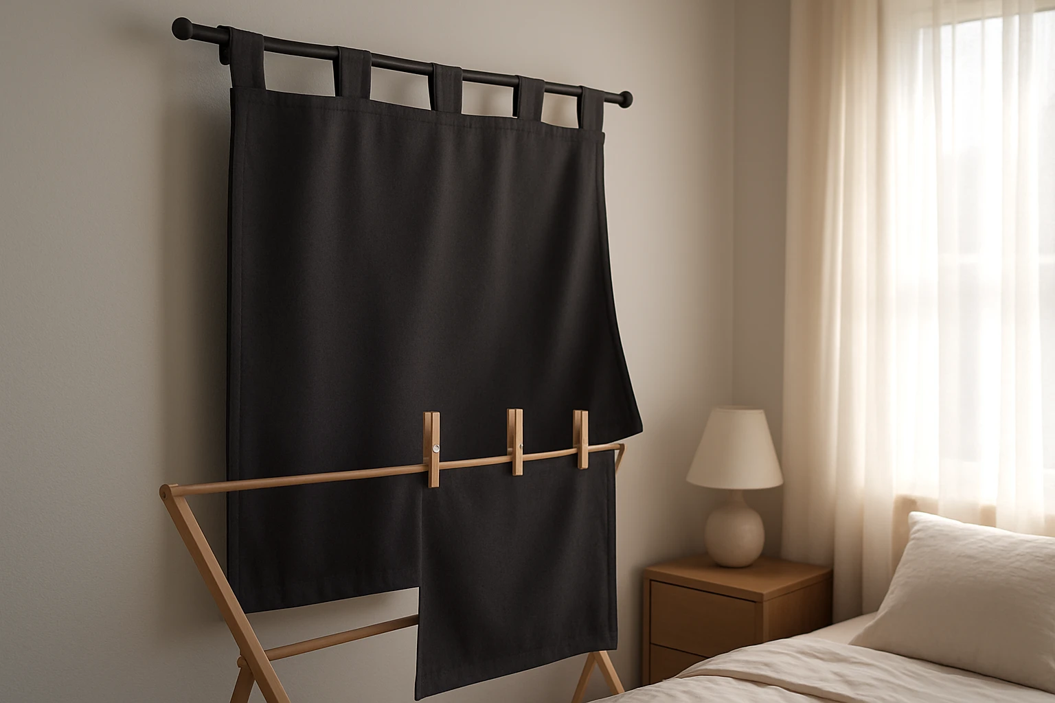 Blackout curtains air drying on rack