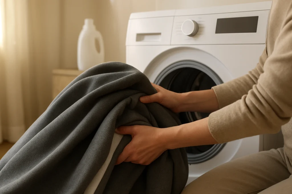Blackout curtains being loaded into washer