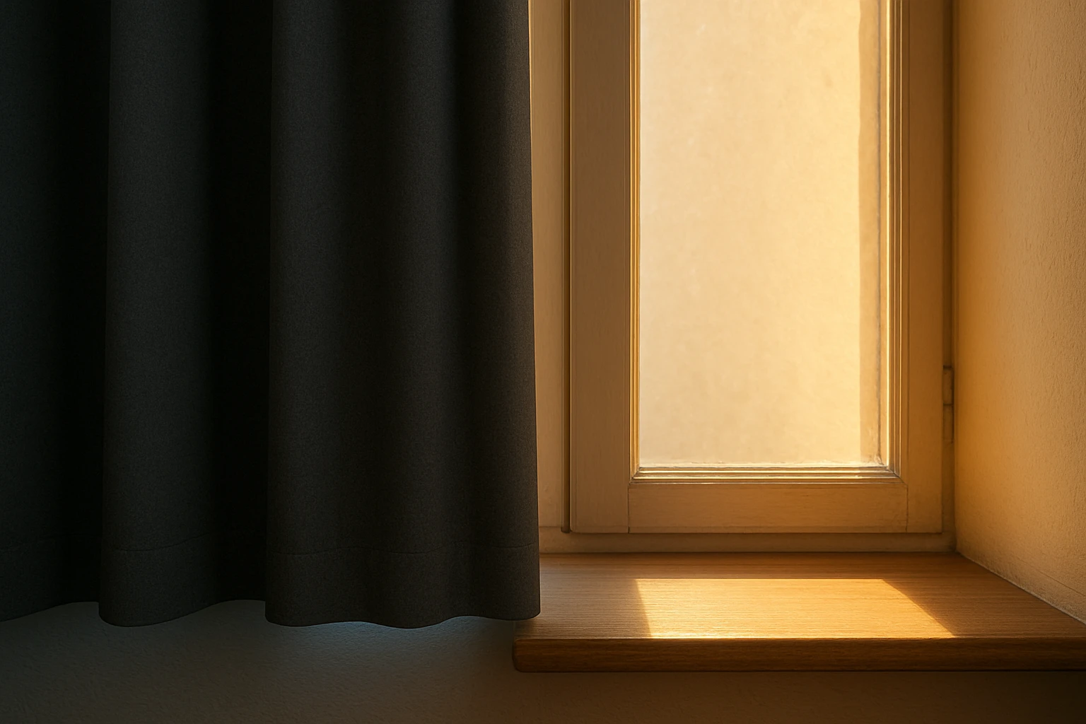 Blackout curtains beside sunlit window interior