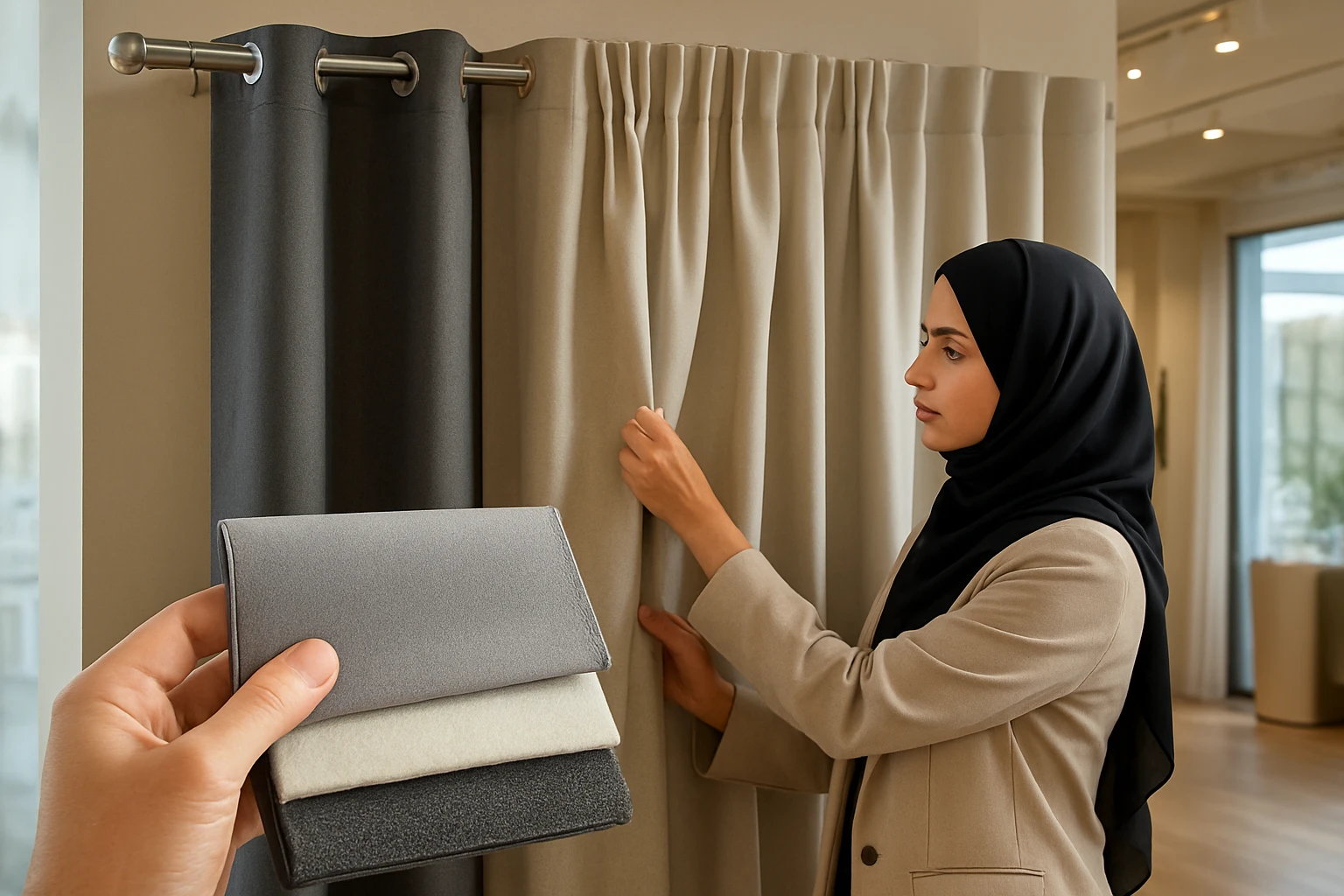 Blackout curtains in showroom, mixed pleats