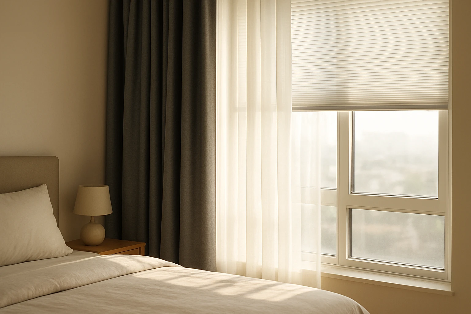 Blackout curtains layered with sheer and cellular