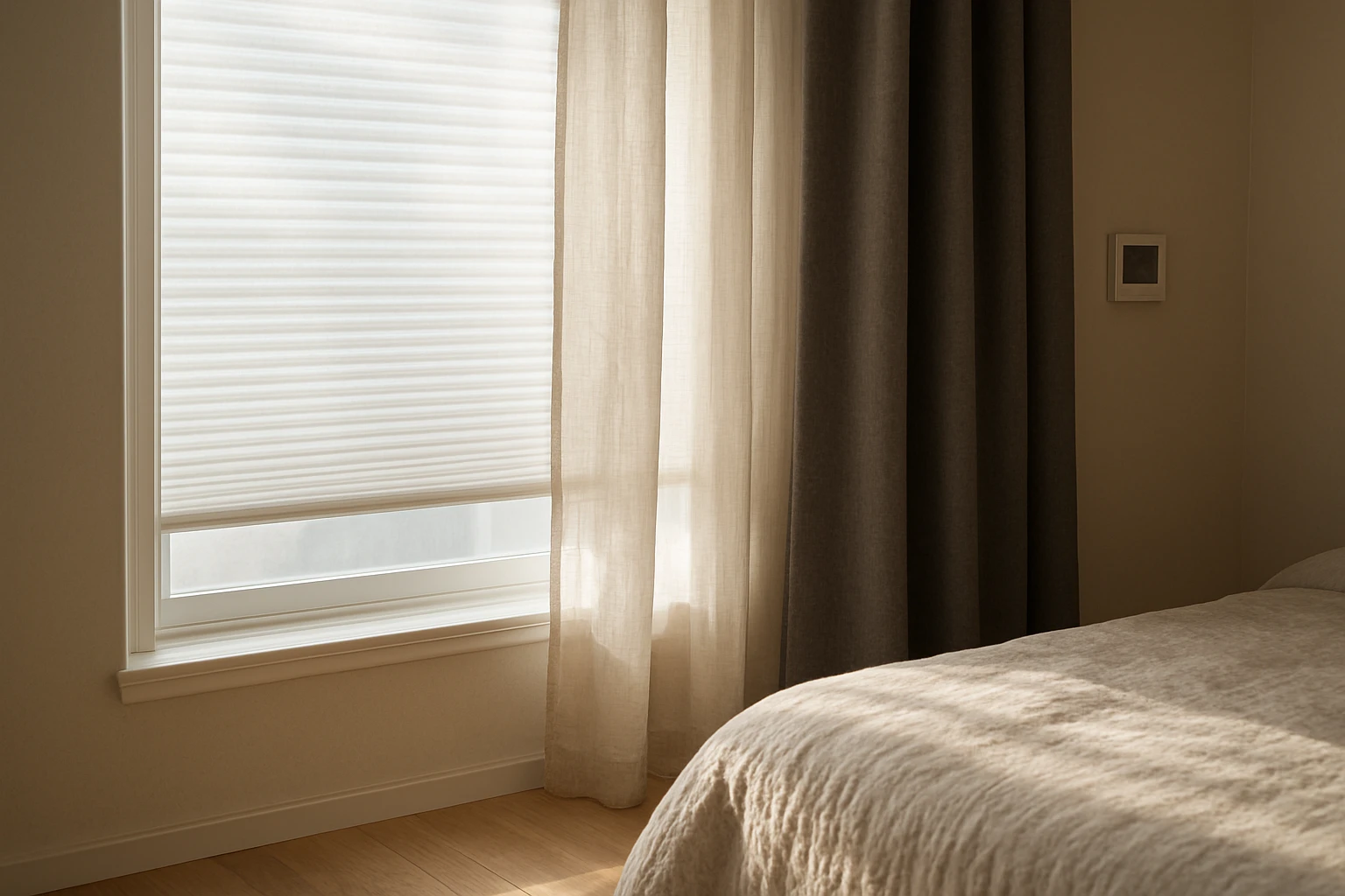 Blackout curtains with cellular honeycomb blind