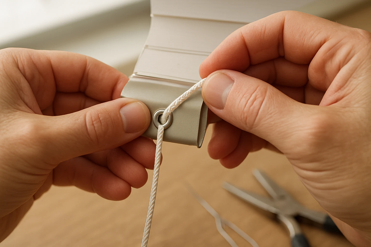 Blind cord threaded through eyelet