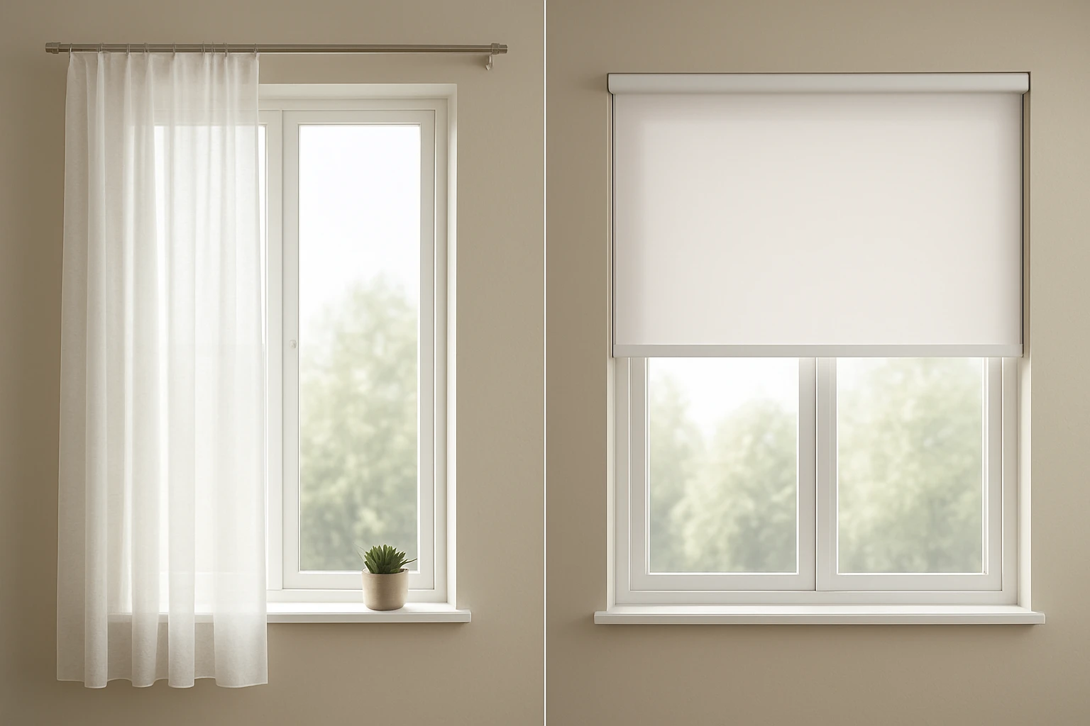Blinds and curtains side by side