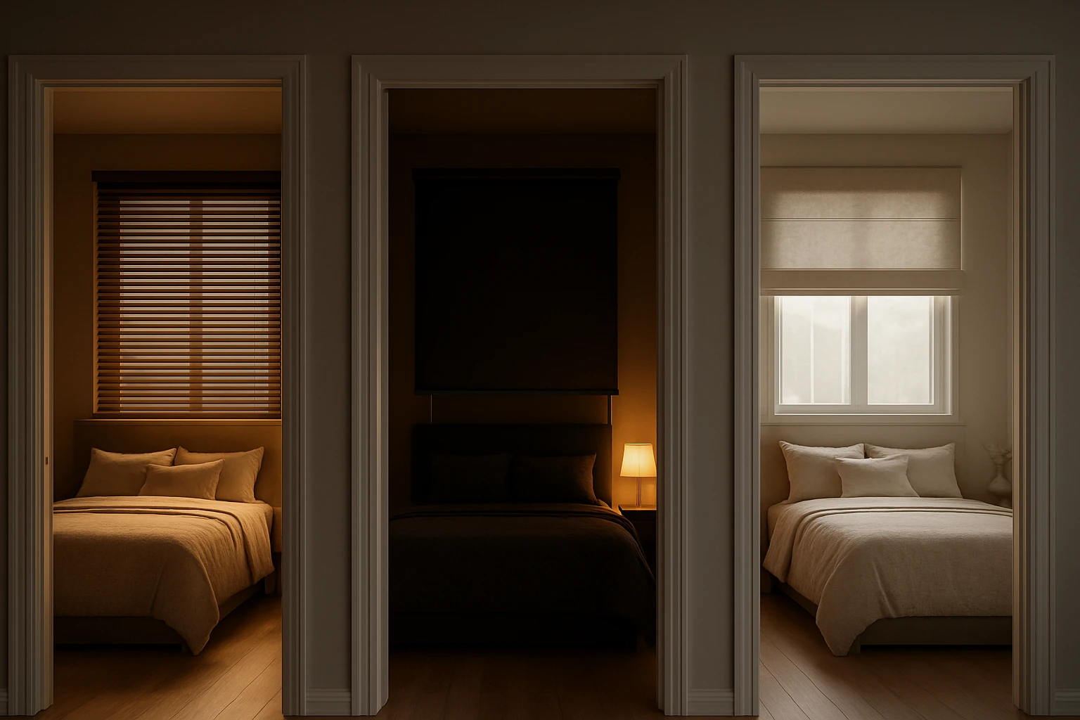 Blinds in three staged bedrooms