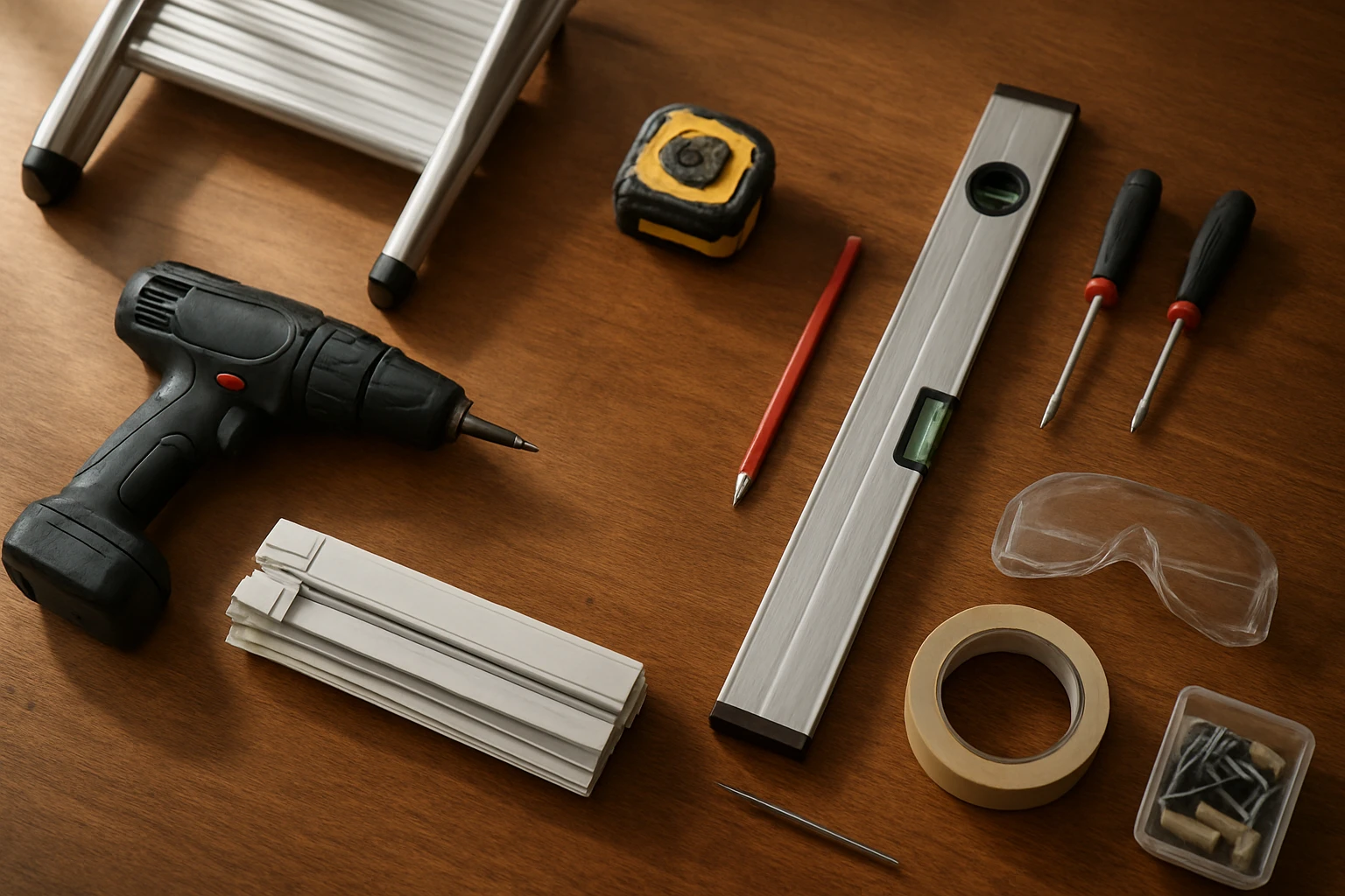 Blinds installation tools on wooden workbench