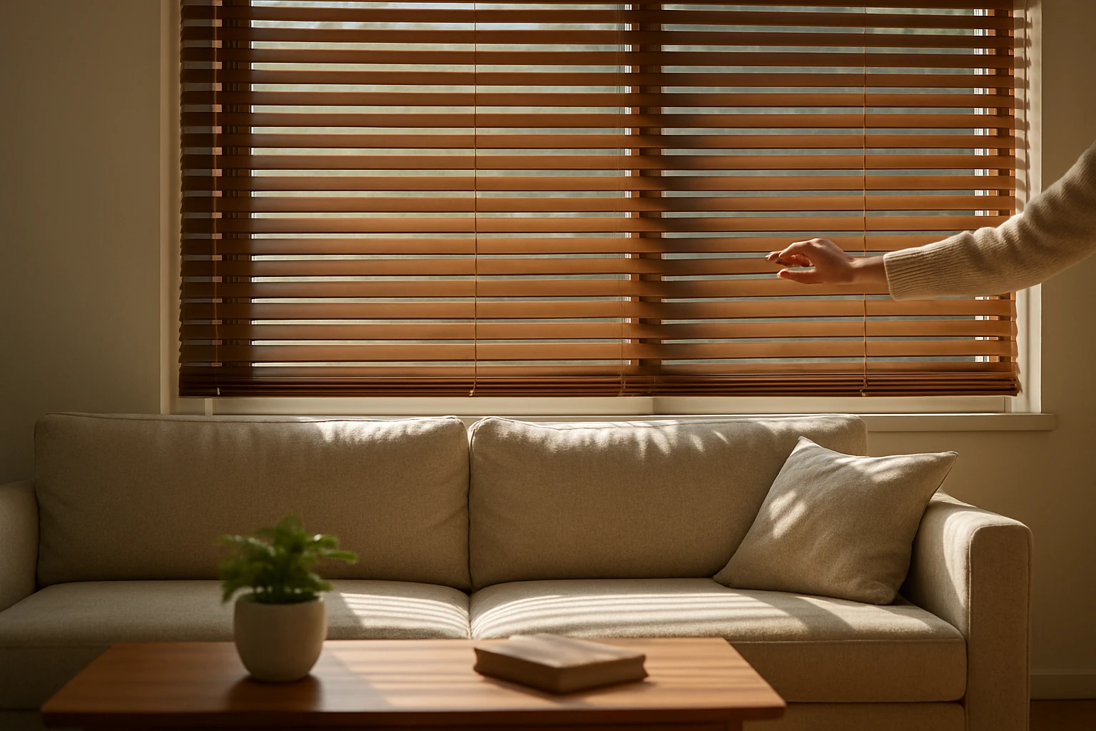 Blinds on modern living room windows