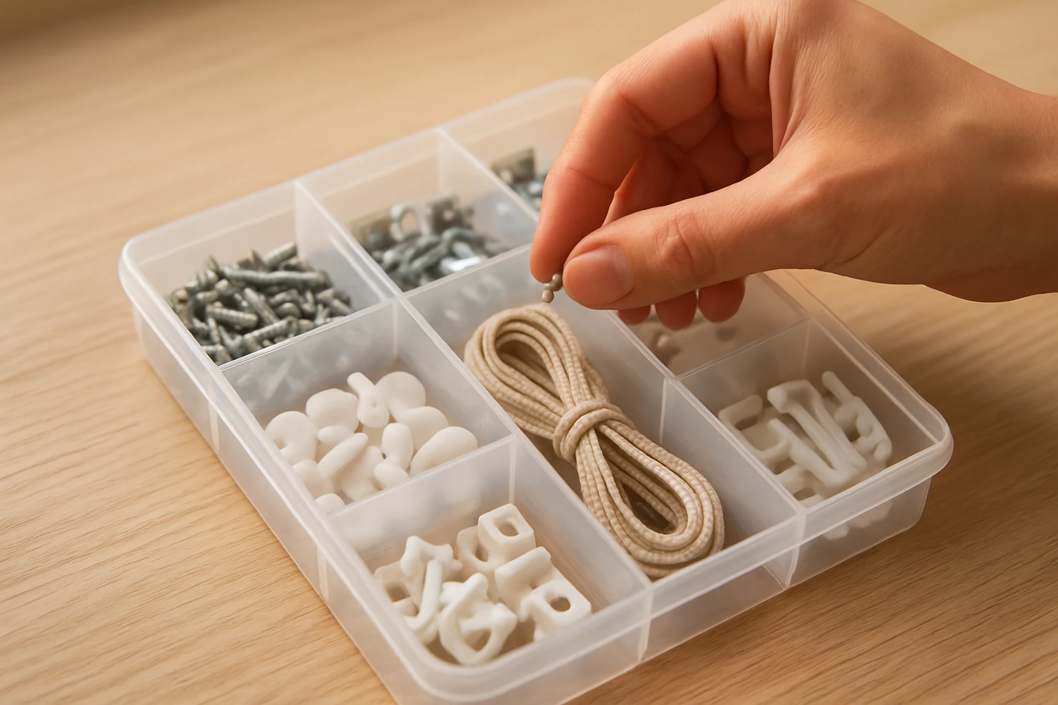 Blinds parts organized in container
