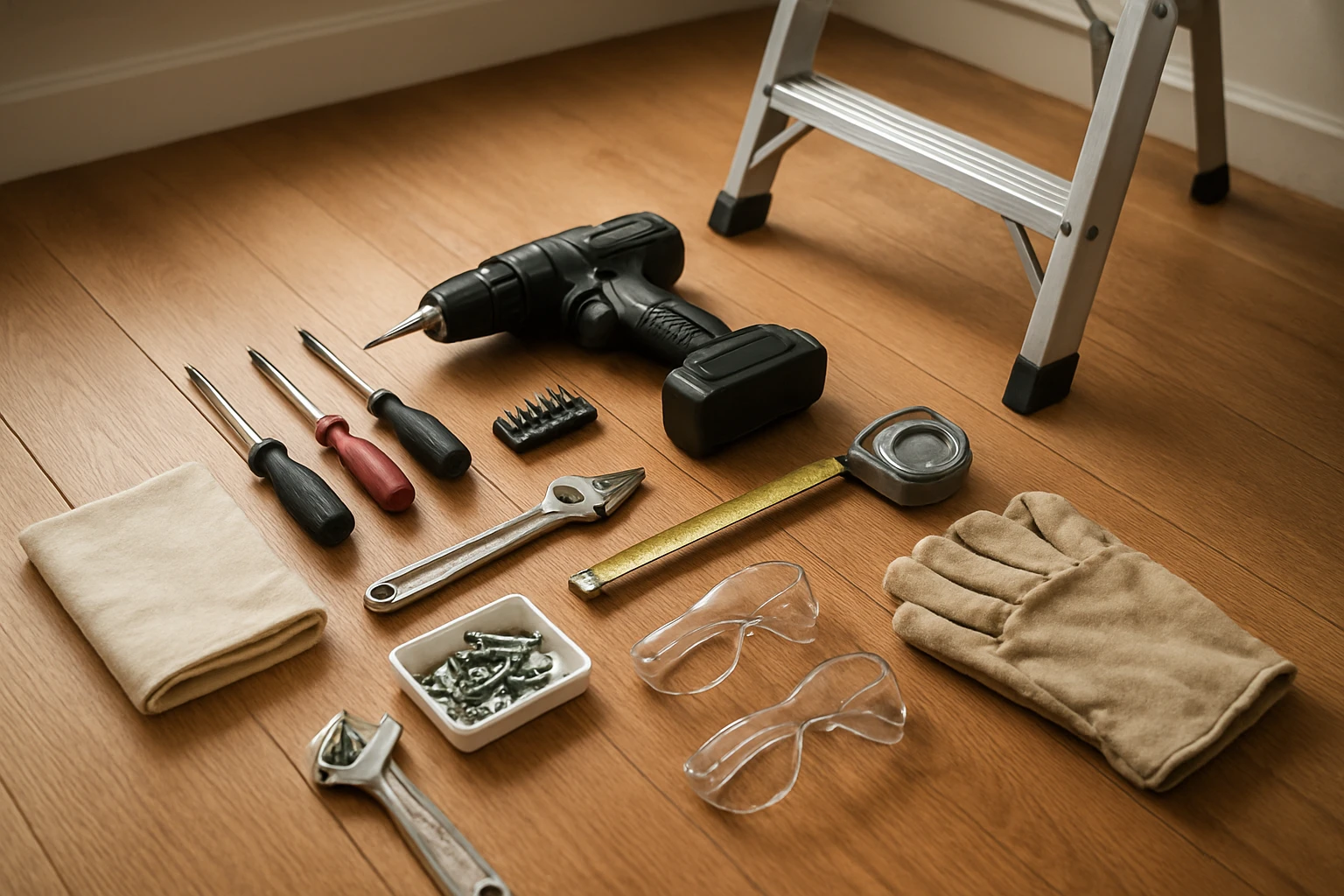 Blinds removal toolkit on wooden floor