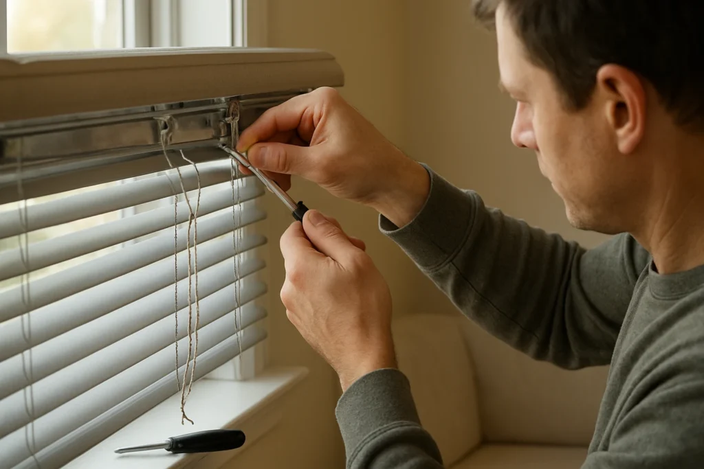 Blinds stuck, homeowner checking lift cord
