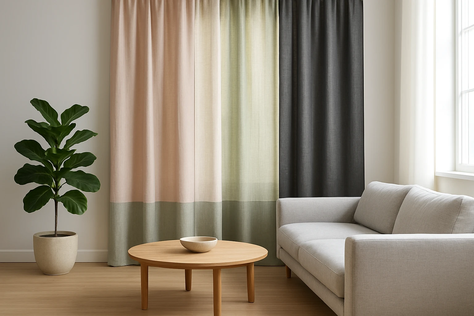 Color blocked curtains in modern living room