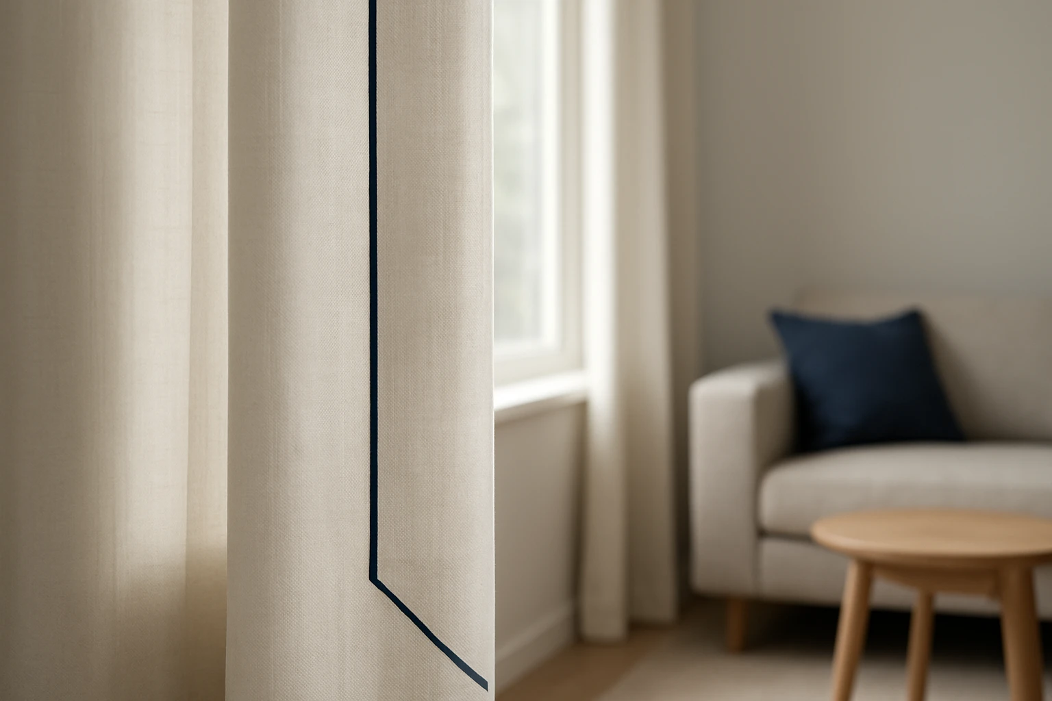 Contrast trim curtains, off white with navy