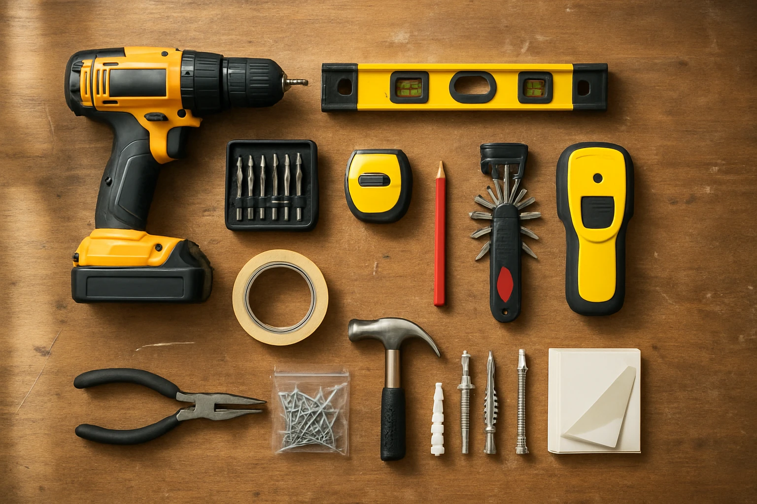 Cordless blind installation tools on workbench