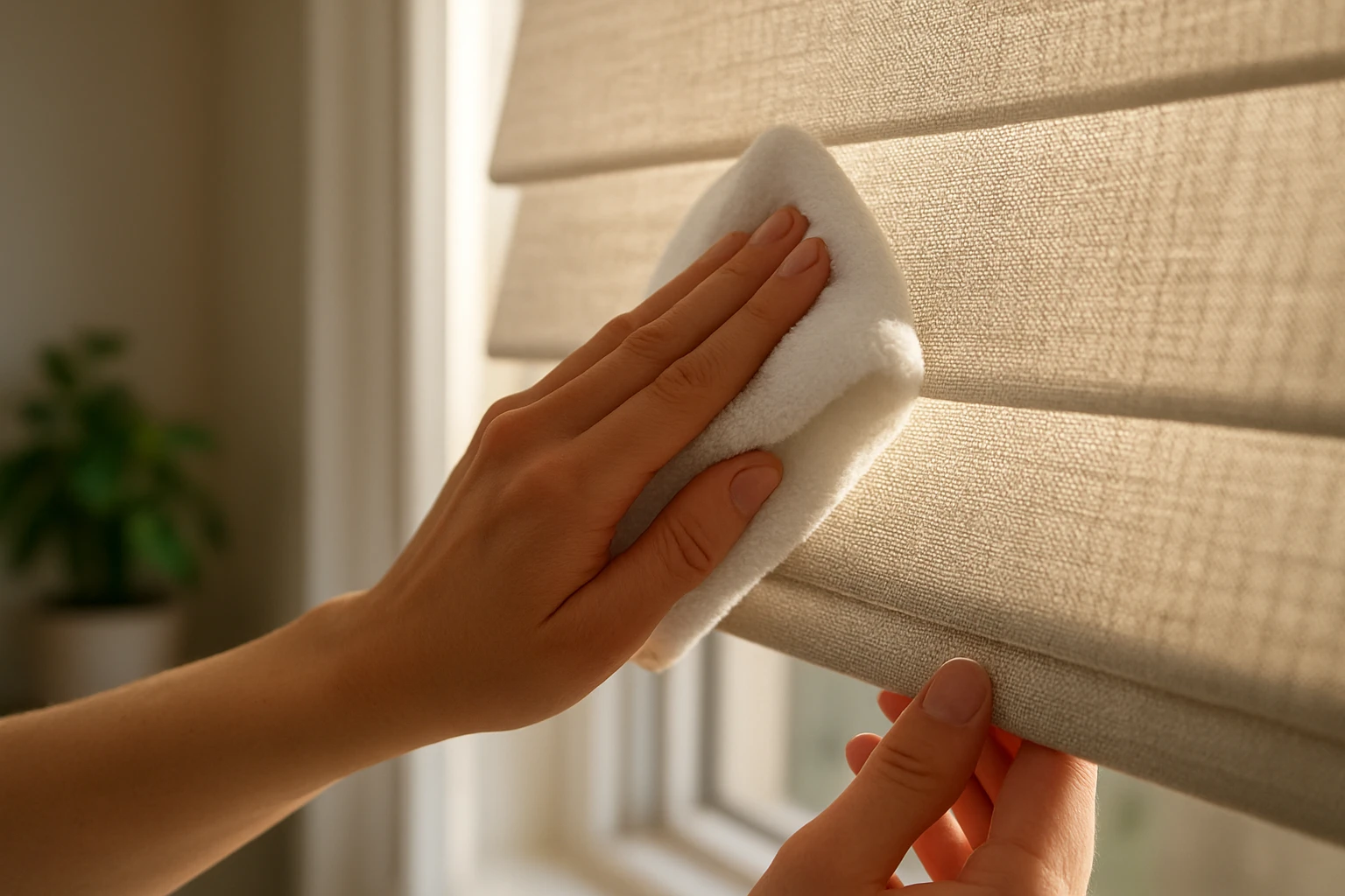 Cordless blinds wiped with microfiber cloth