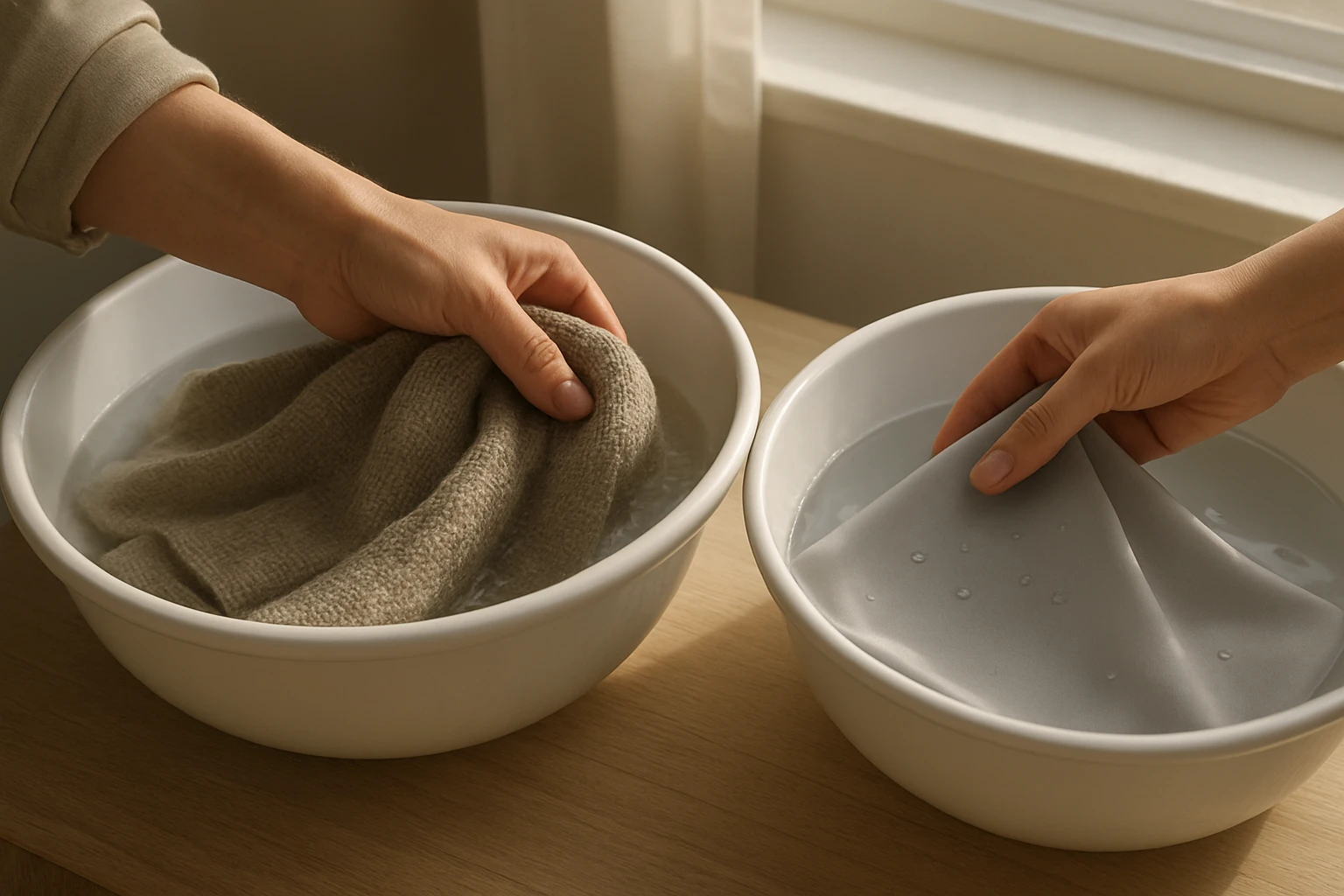 Cotton and polyester curtains being washed