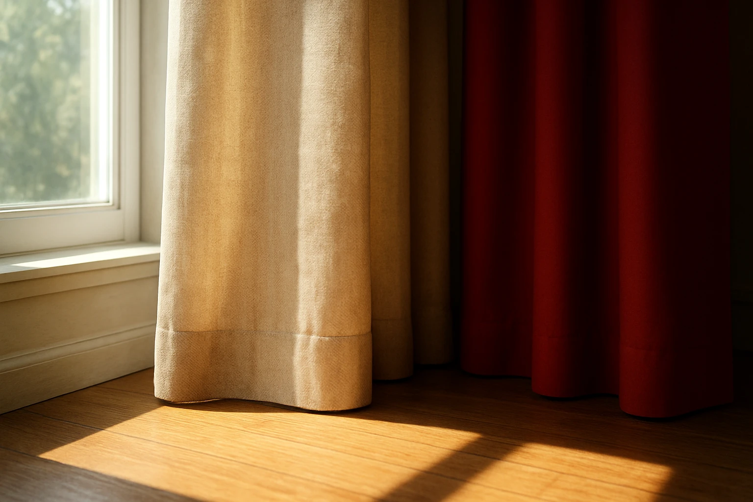 Cotton and polyester curtains side by side