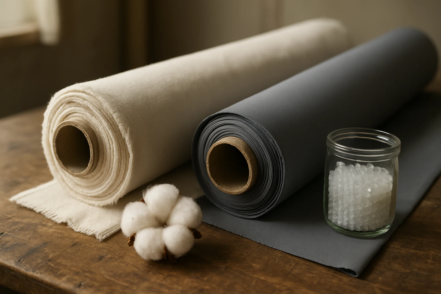 Cotton and polyester fabric rolls on bench