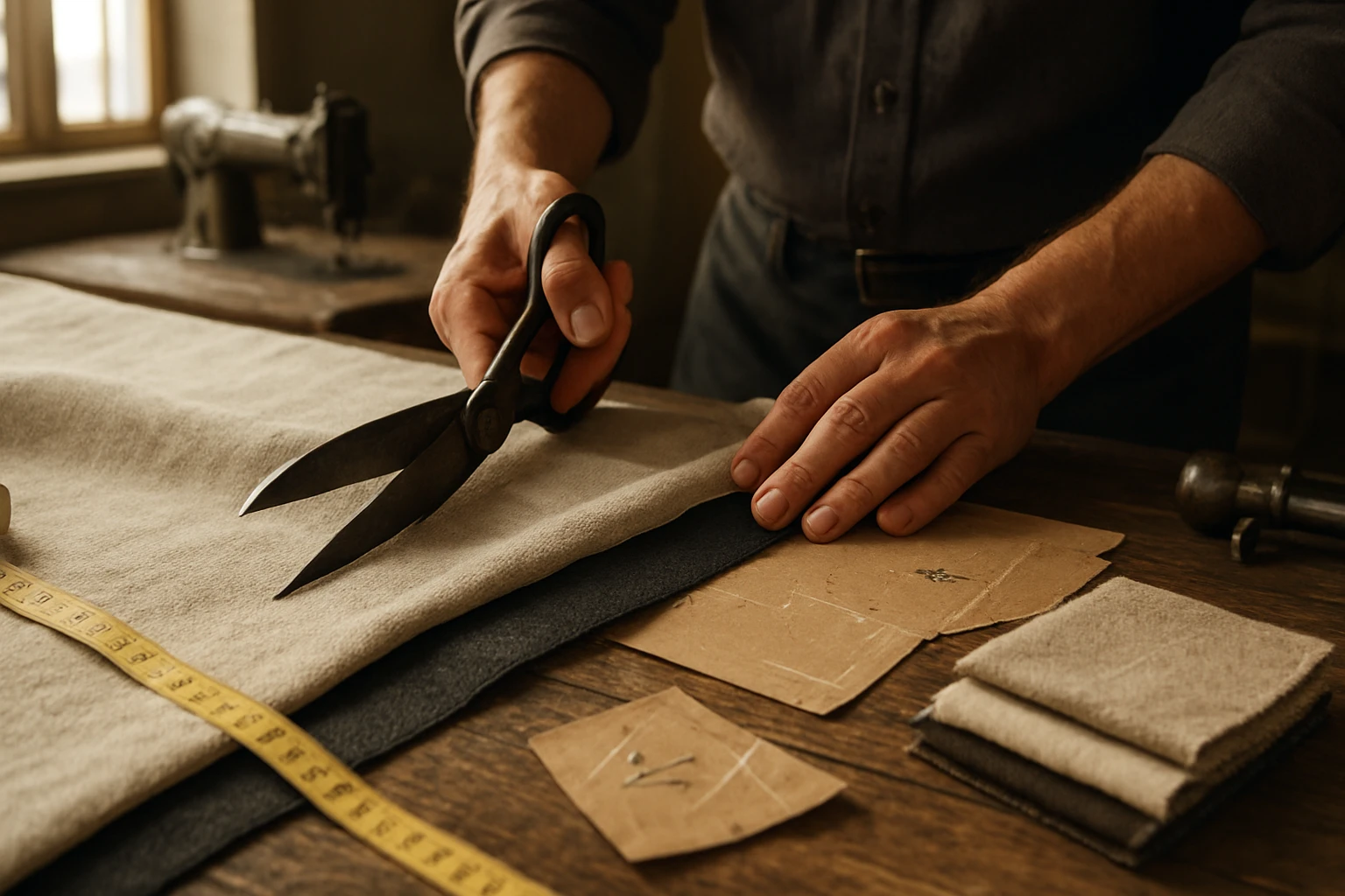 Curtain fabric being cut by tailor