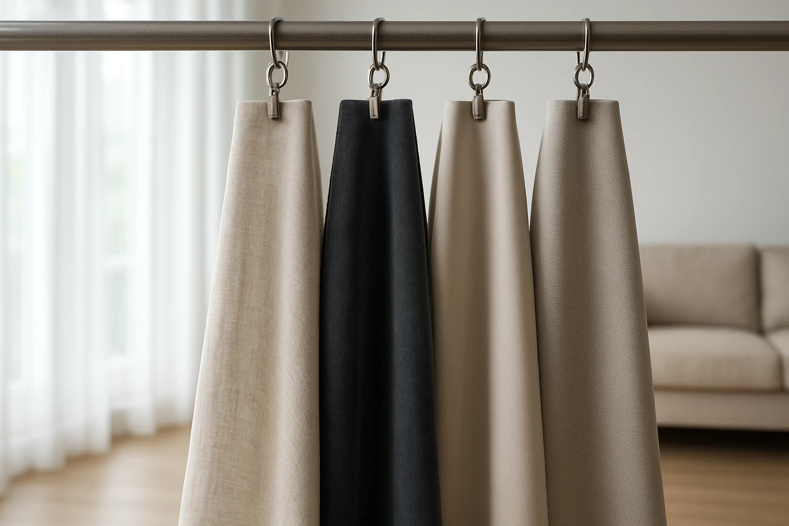 Curtain fabric swatches on curtain rail