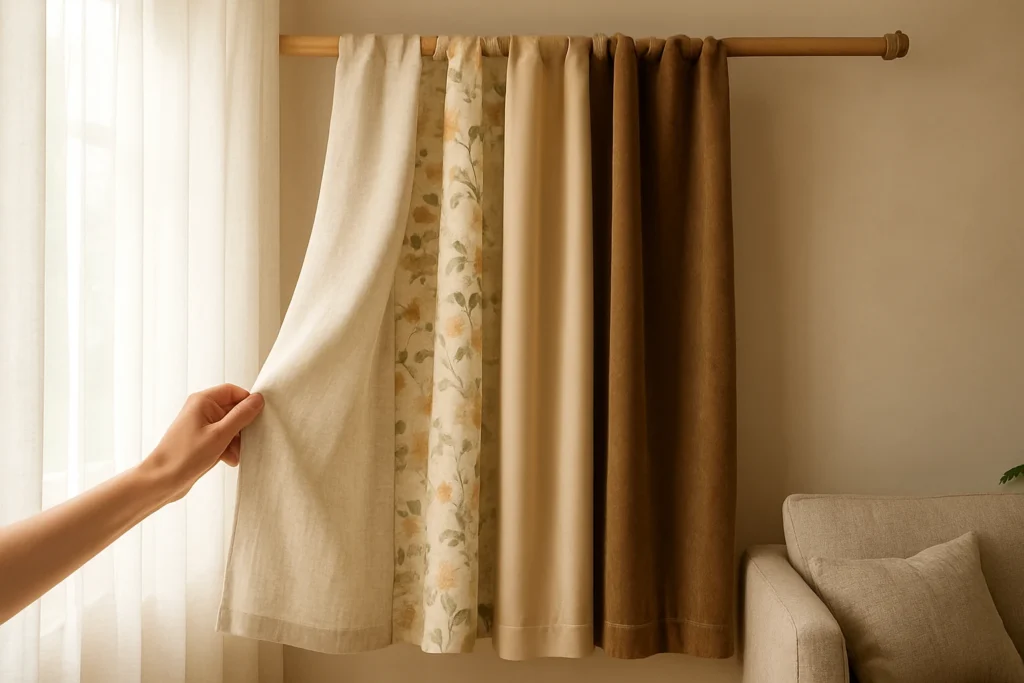 Curtain fabric swatches on window rod