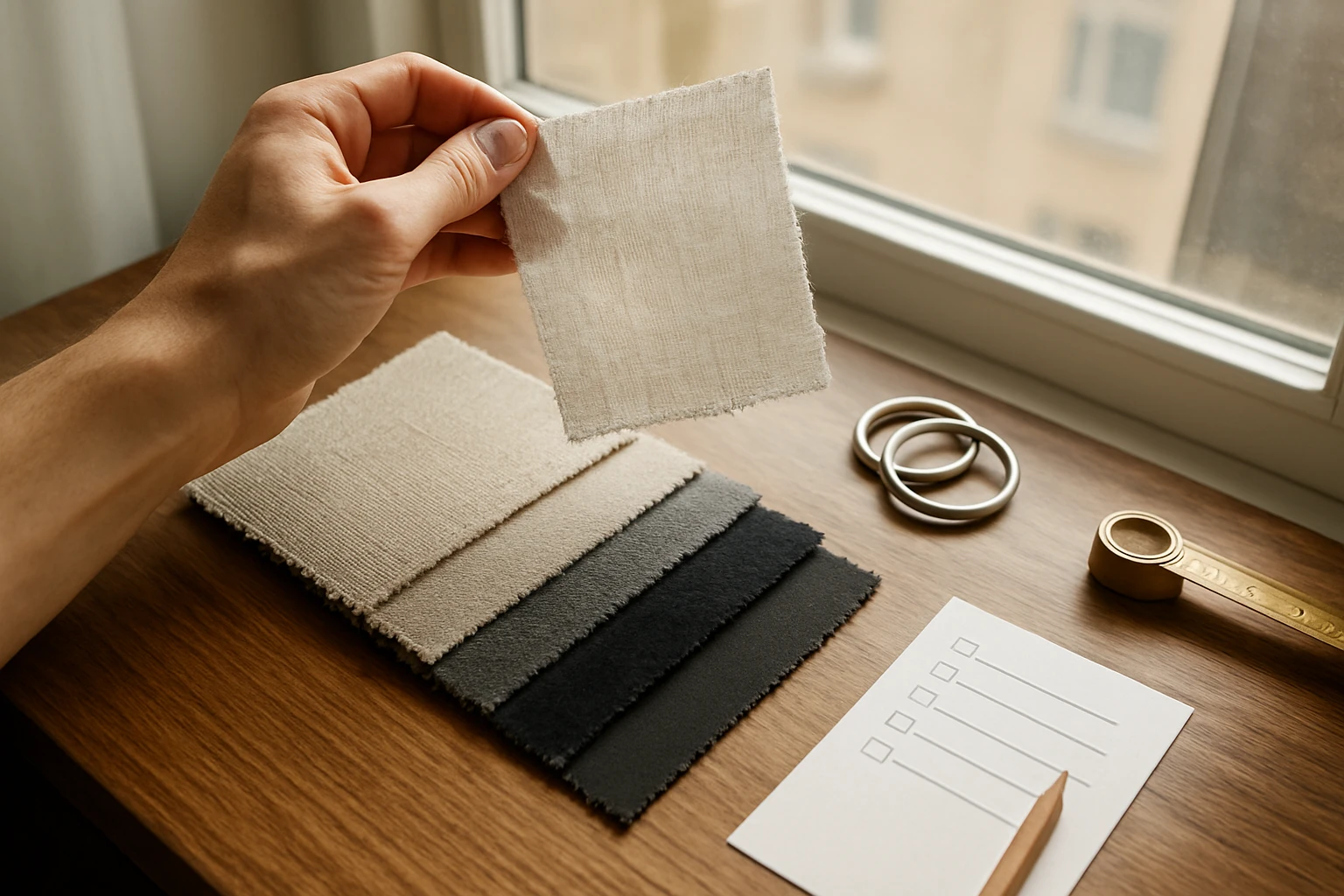 Curtain fabric swatches on wooden desk