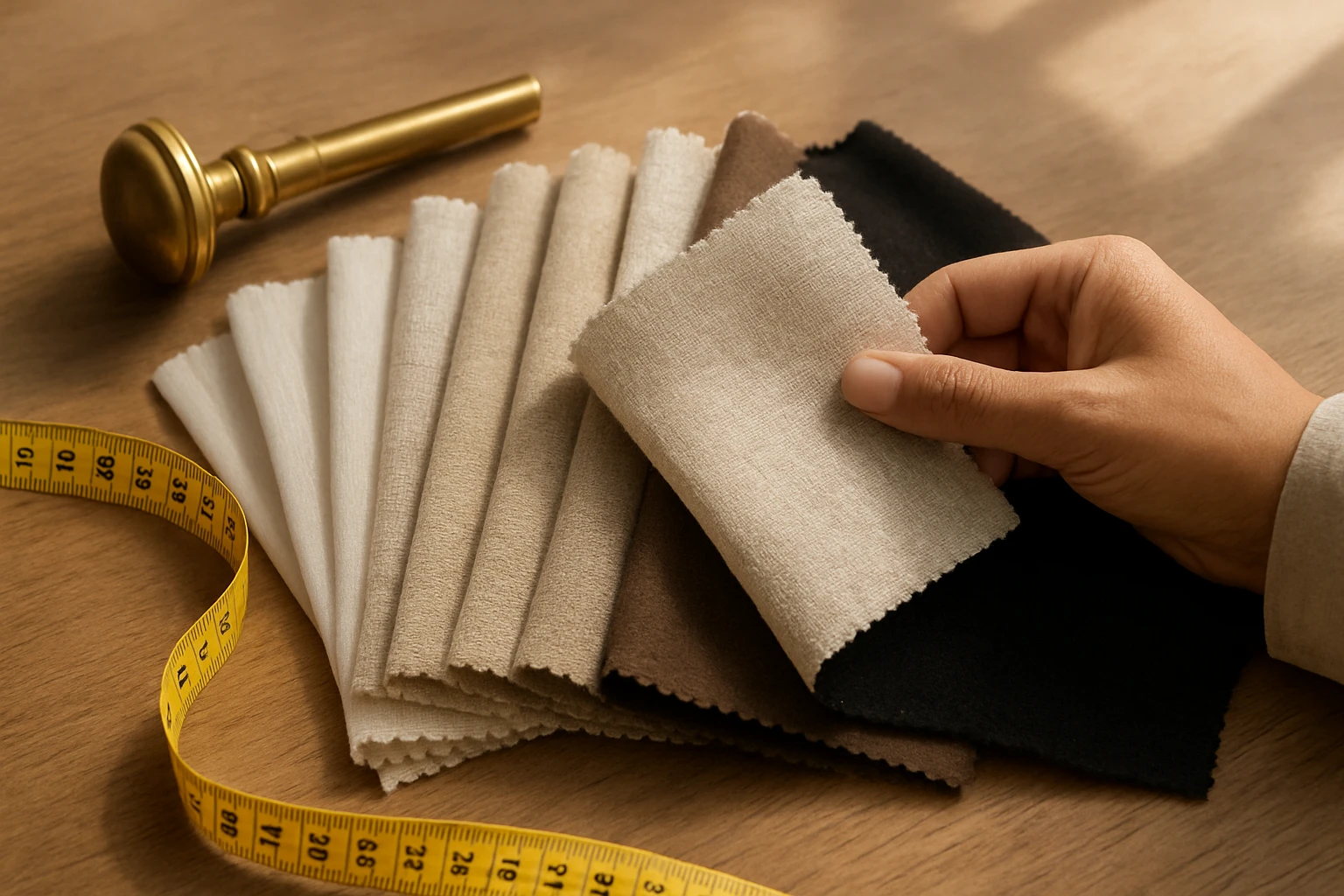 Curtain fabric swatches with sample rod