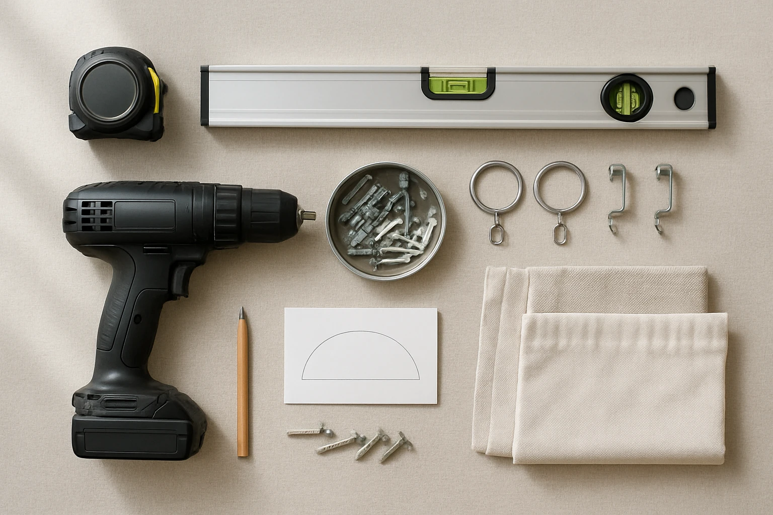 Curtain installation tools flat lay