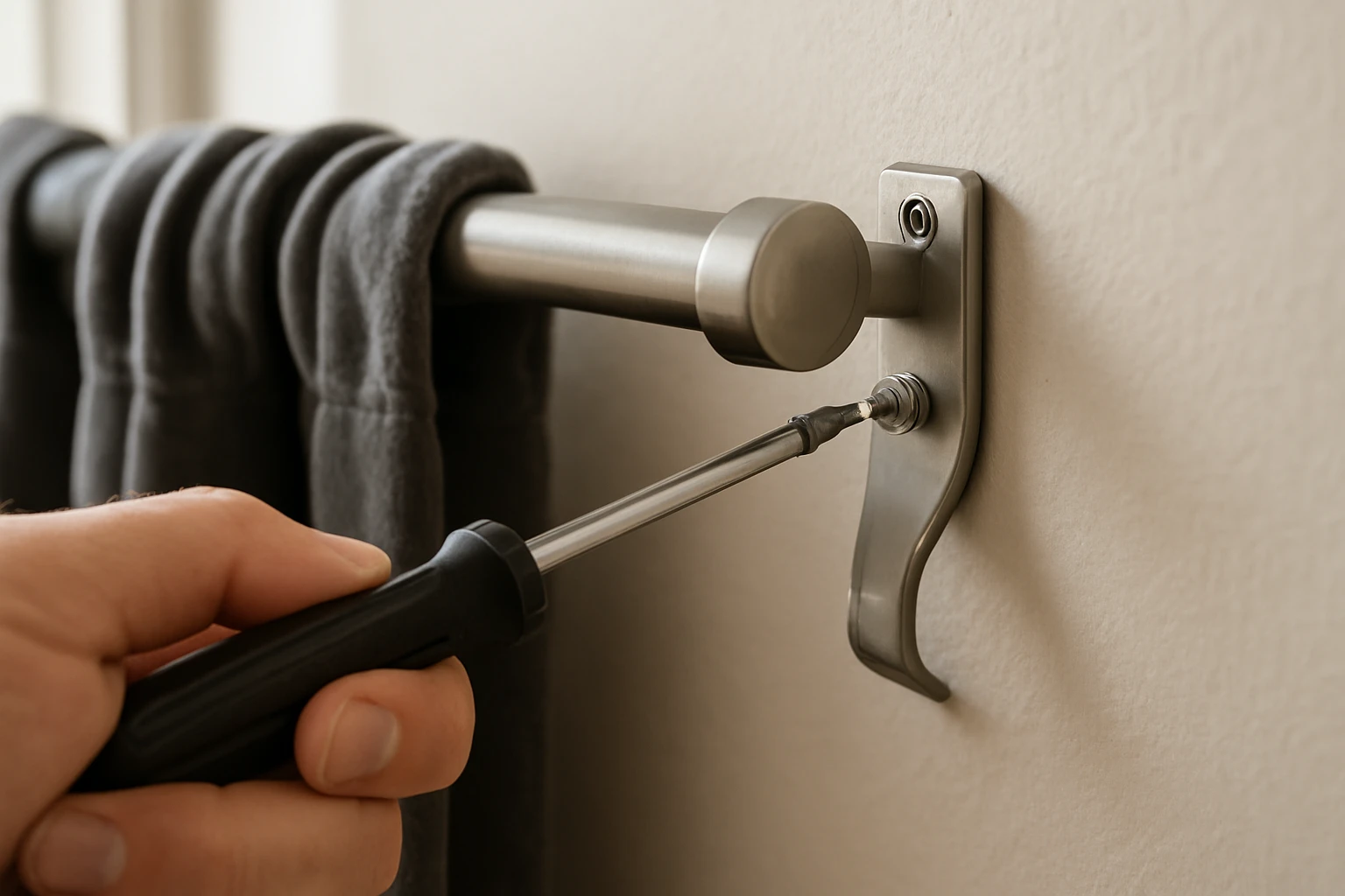 Curtain rod bracket being tightened