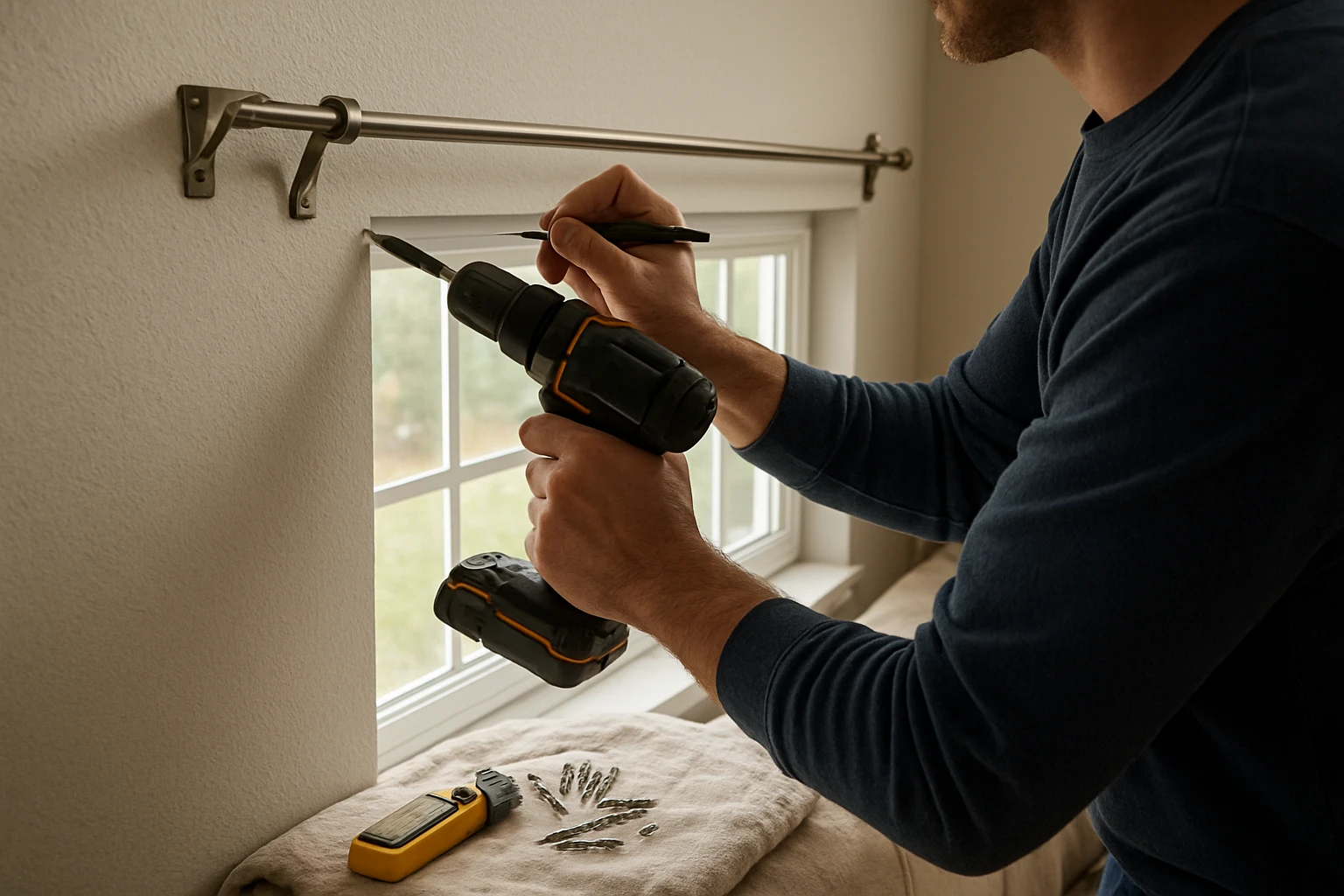 Curtain rod brackets installed above window