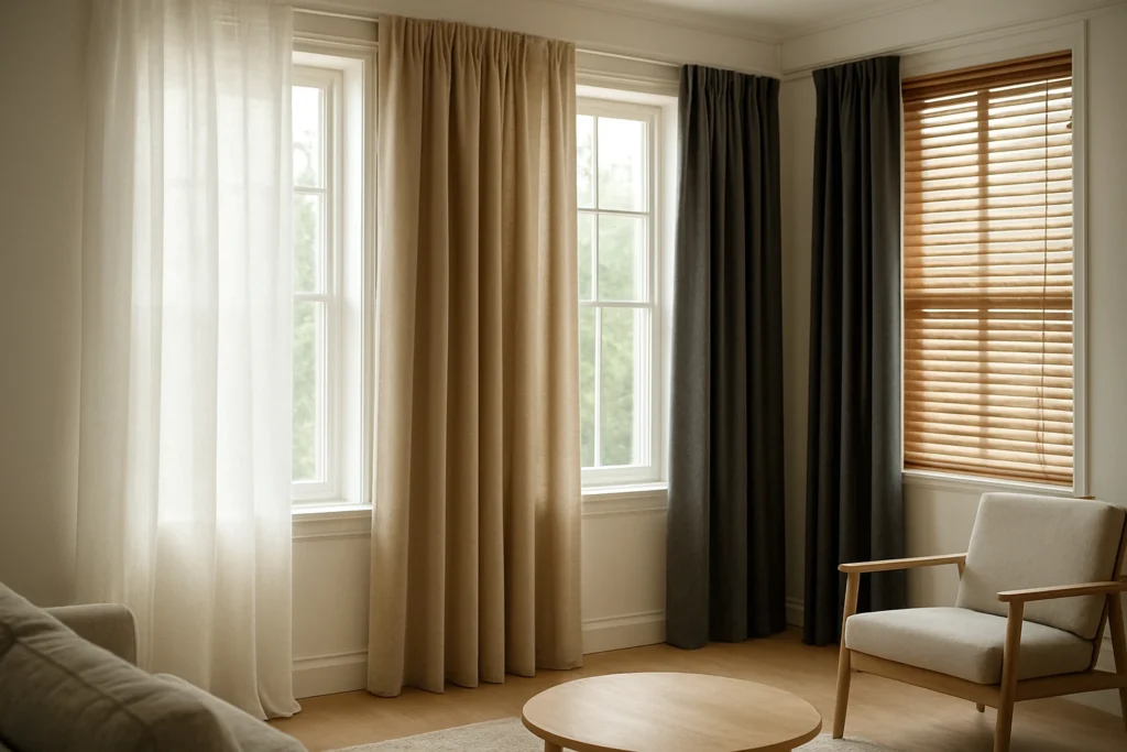 Curtains and blinds layered window treatments