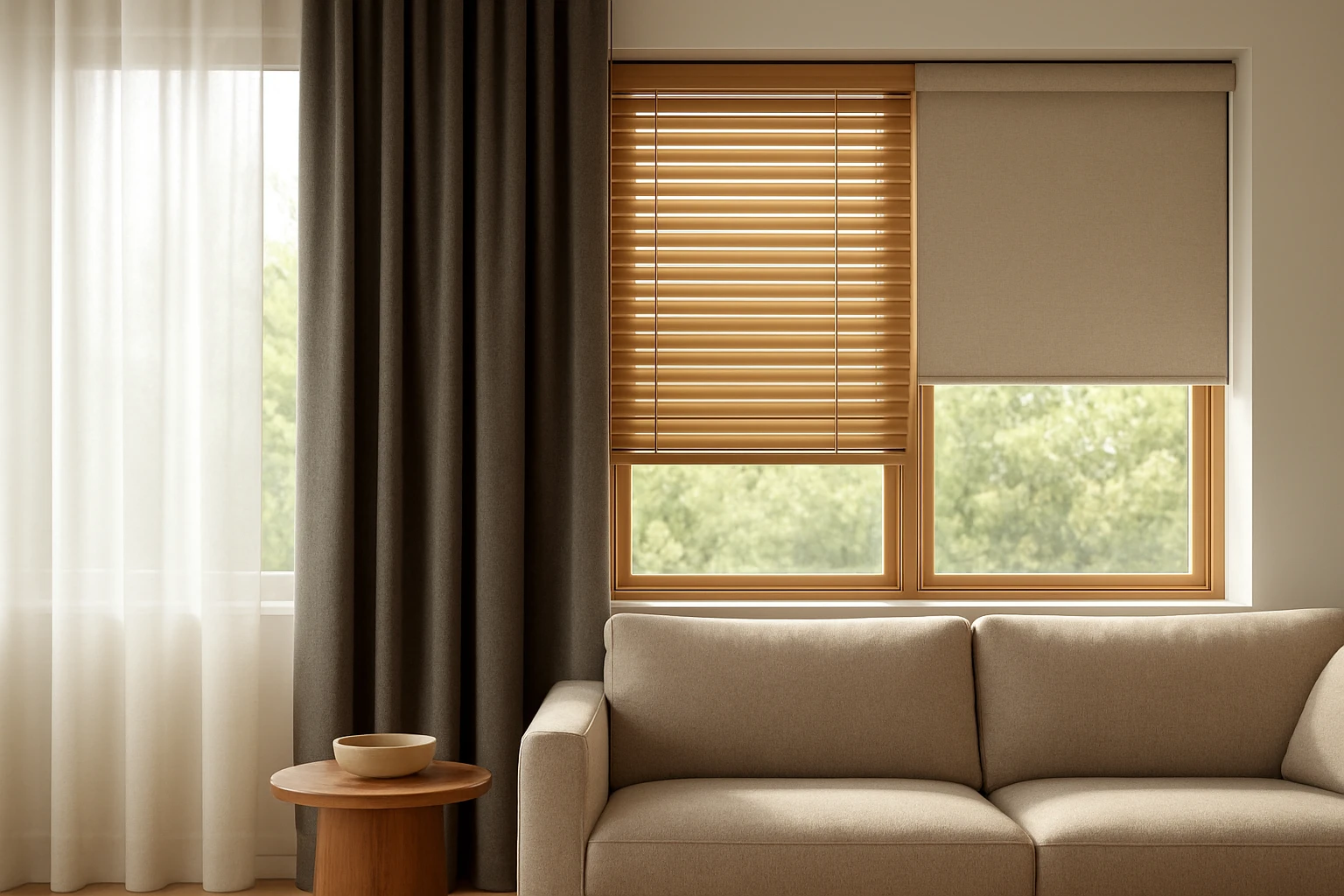Curtains and blinds on large window