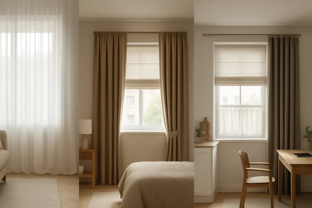 Curtains displayed across four room vignettes