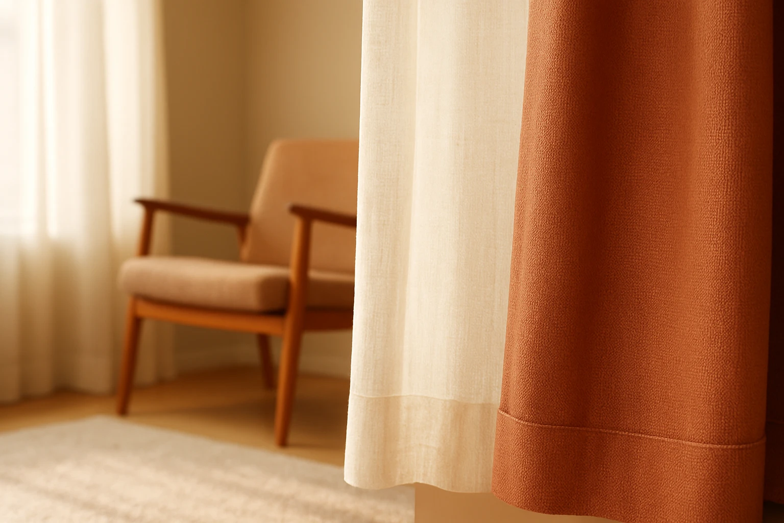 Curtains for beige walls, sheer and drape
