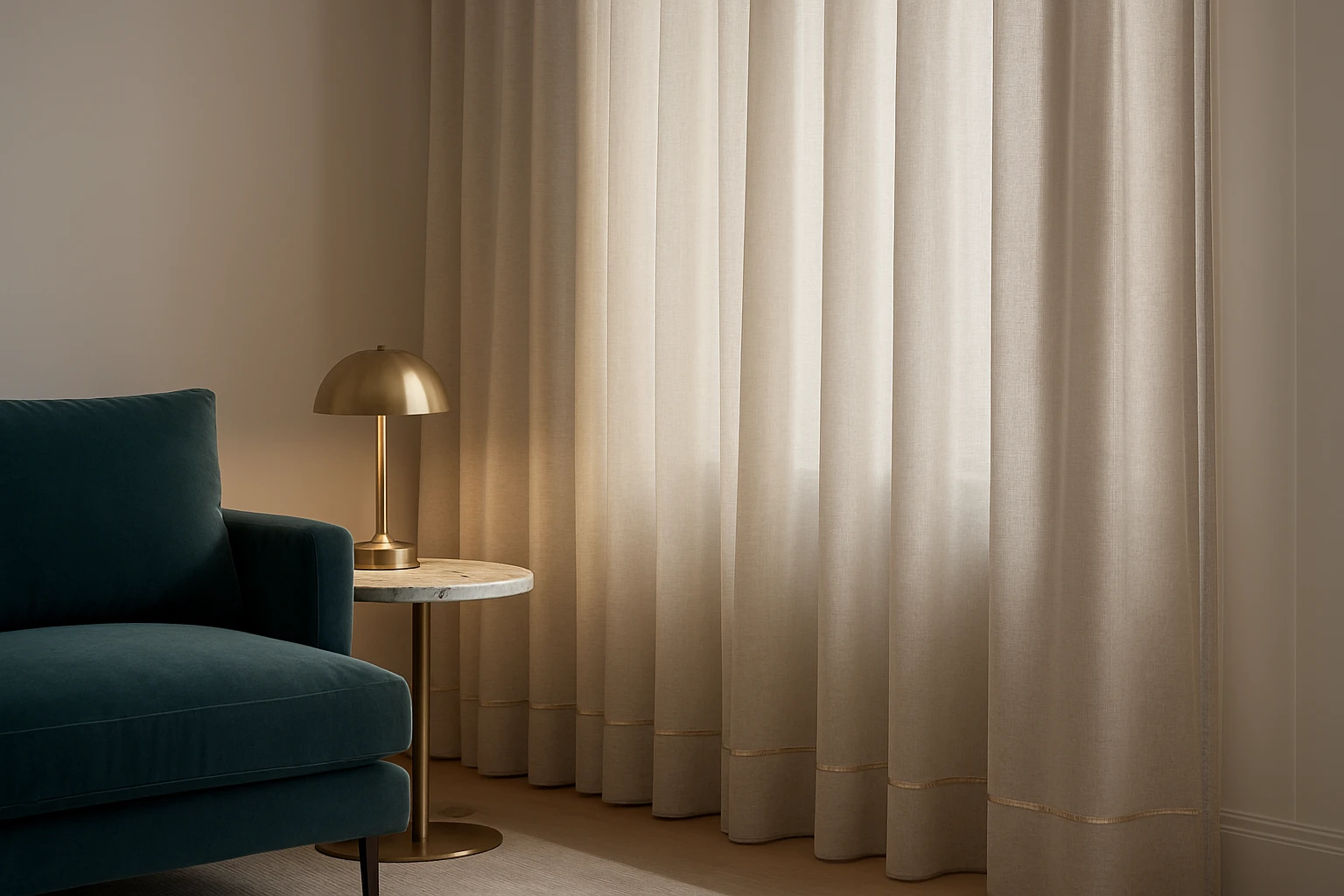 Curtains with metallic trim in living room