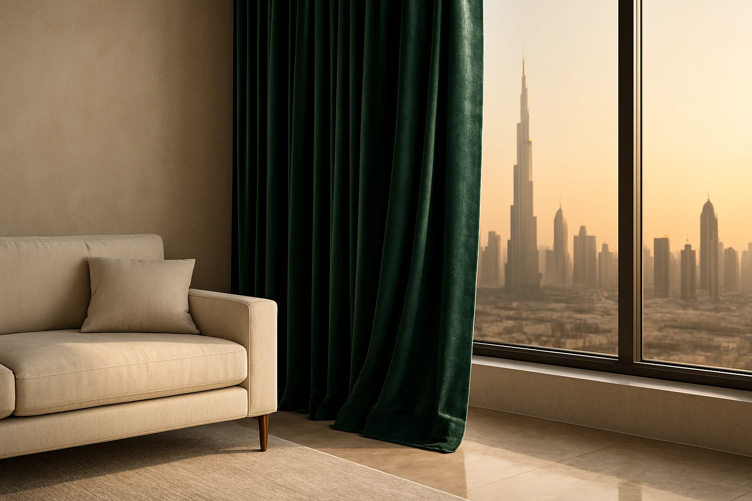 Emerald velvet curtains in living room