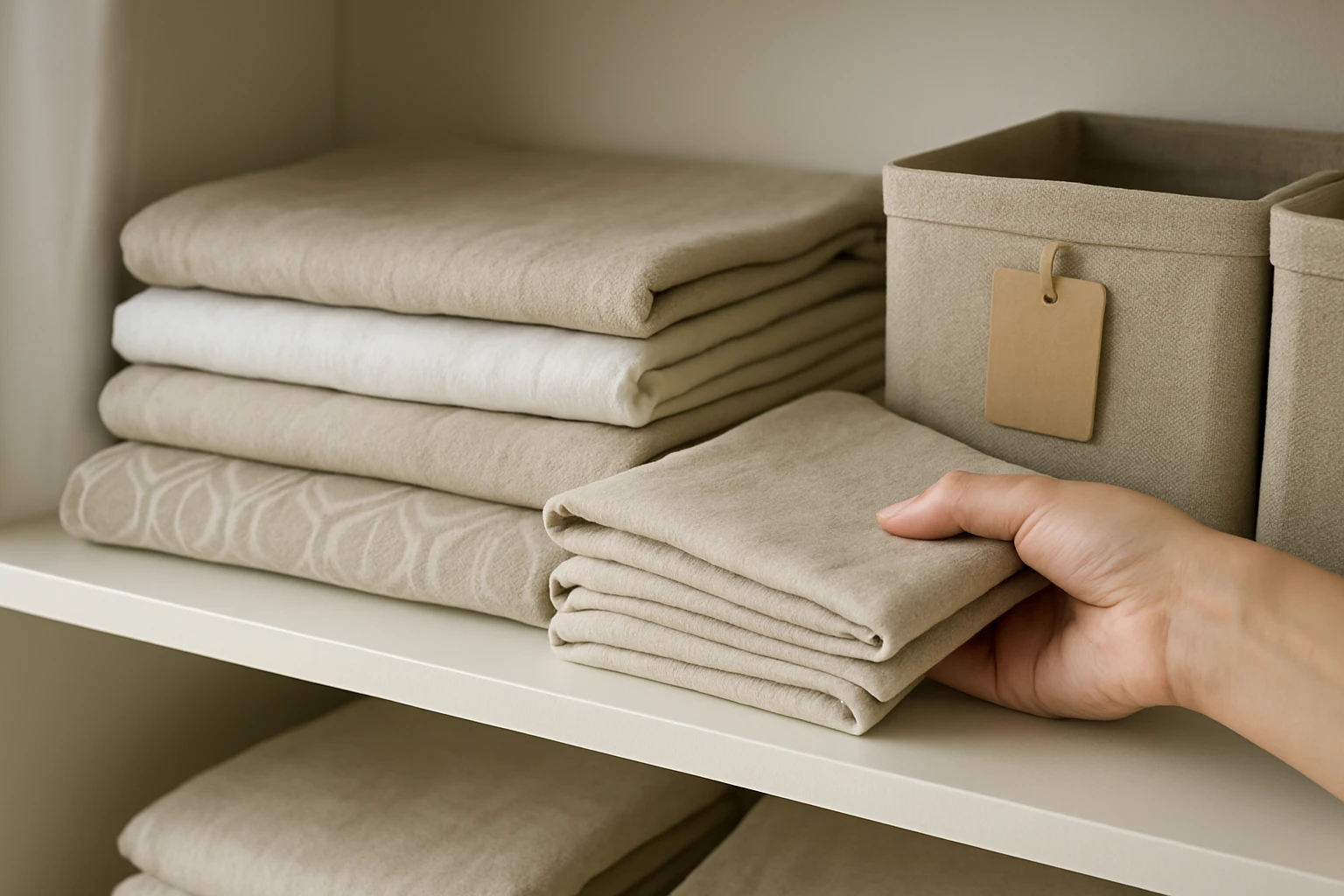 Folded curtains in linen closet