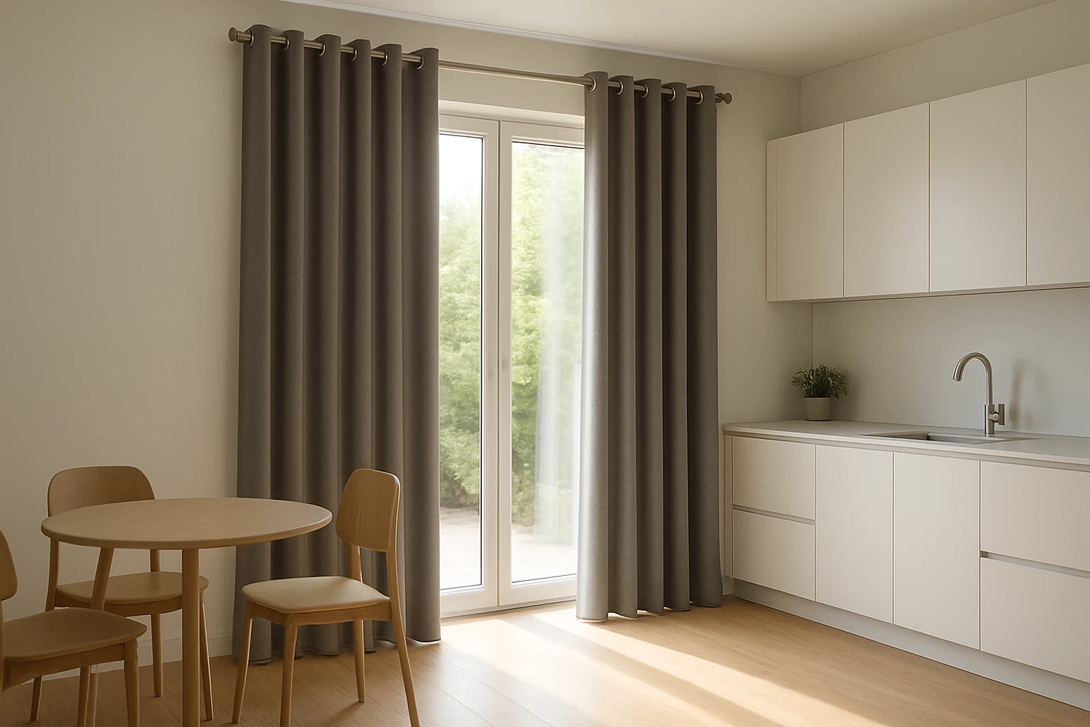 Grommet curtains in modern kitchen